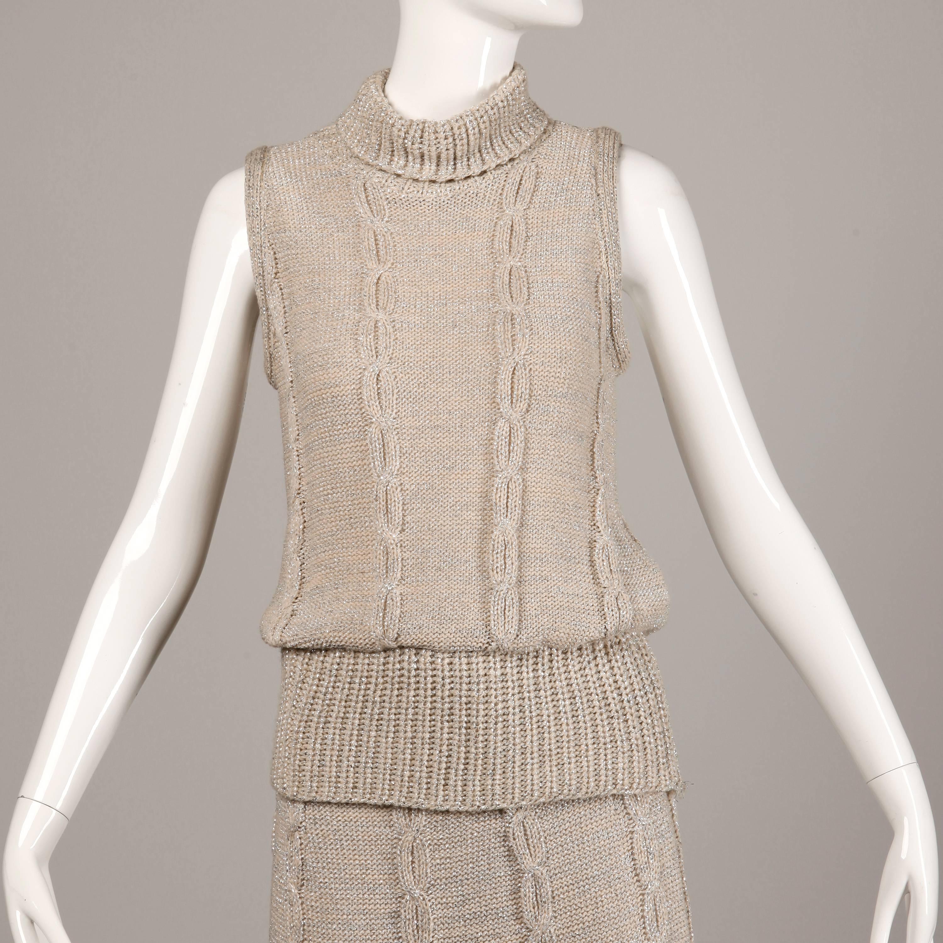 Silver Metallic Cable Knit Top and Maxi Skirt Two Piece Ensemble, 1970s ...