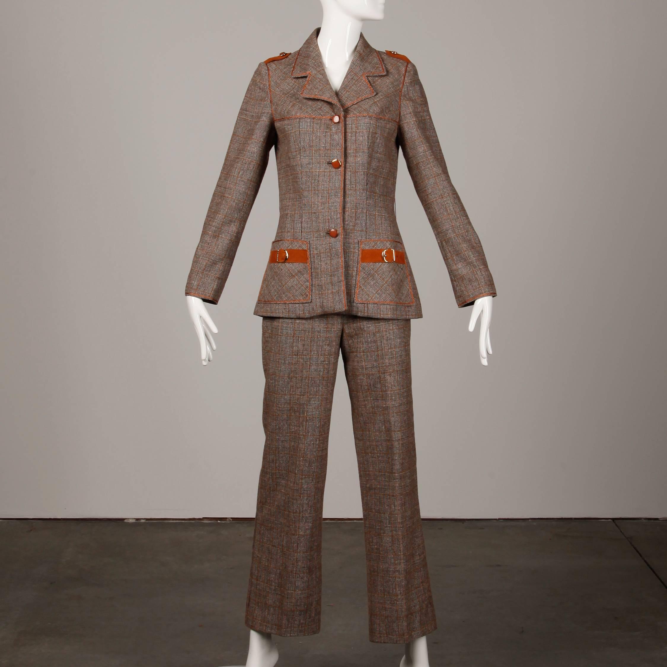 Black 1970s Lilli Ann Vintage Wool Tweed + Suede Leather Pants + Jacket Suit Ensemble