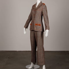 1970s Lilli Ann Vintage Wool Tweed + Suede Leather Pants + Jacket Suit Ensemble