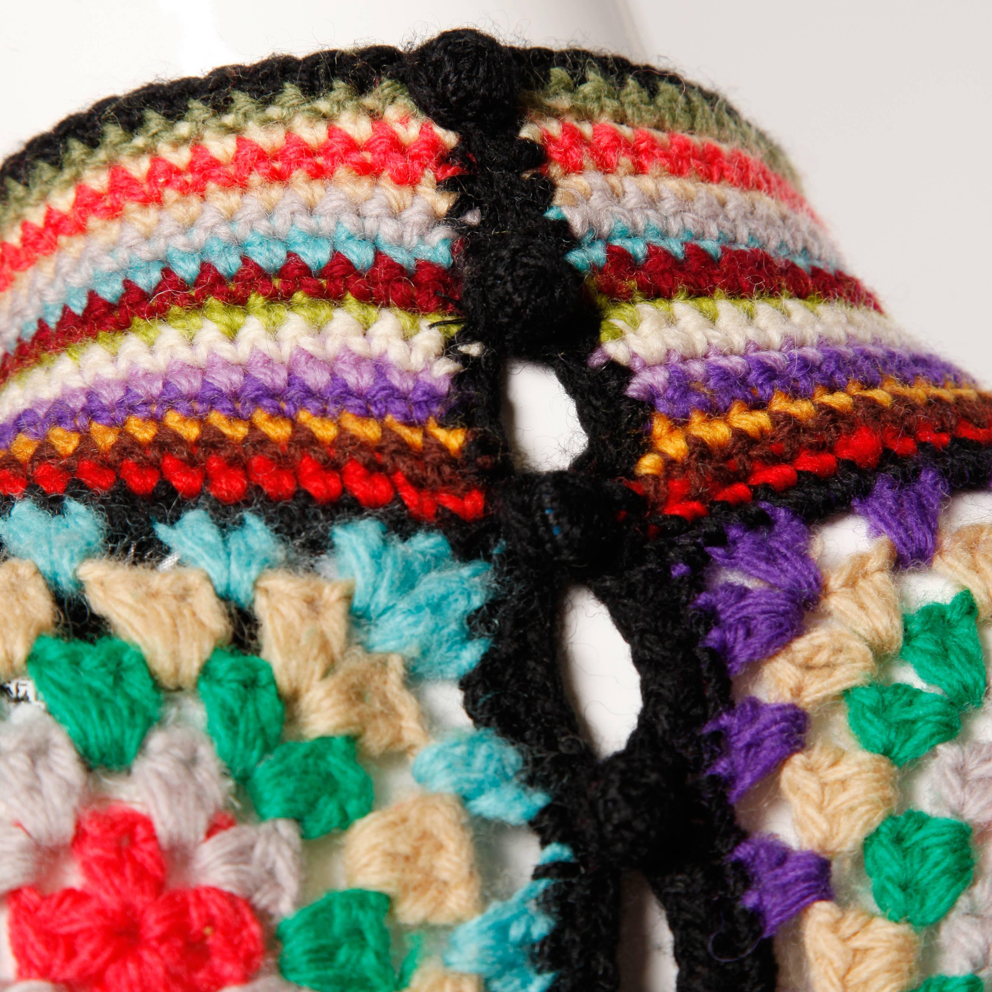Women's 1970s Vintage Adolfo Hand Crochet Wool Granny Squares Tunic Sweater Top