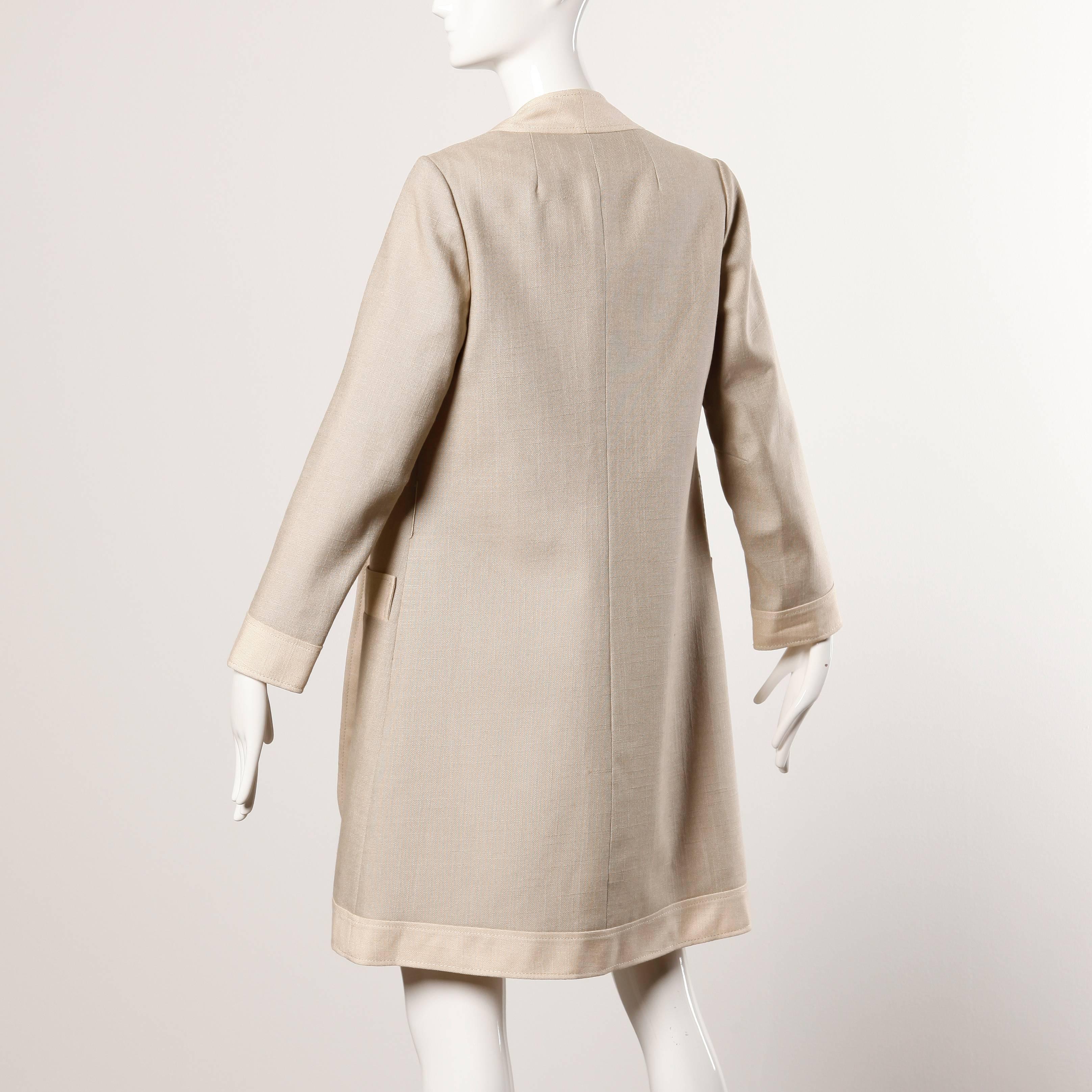 Beige Don Simonelli Vintage Neutral Minimalist Linen Coat and Sash For Sale