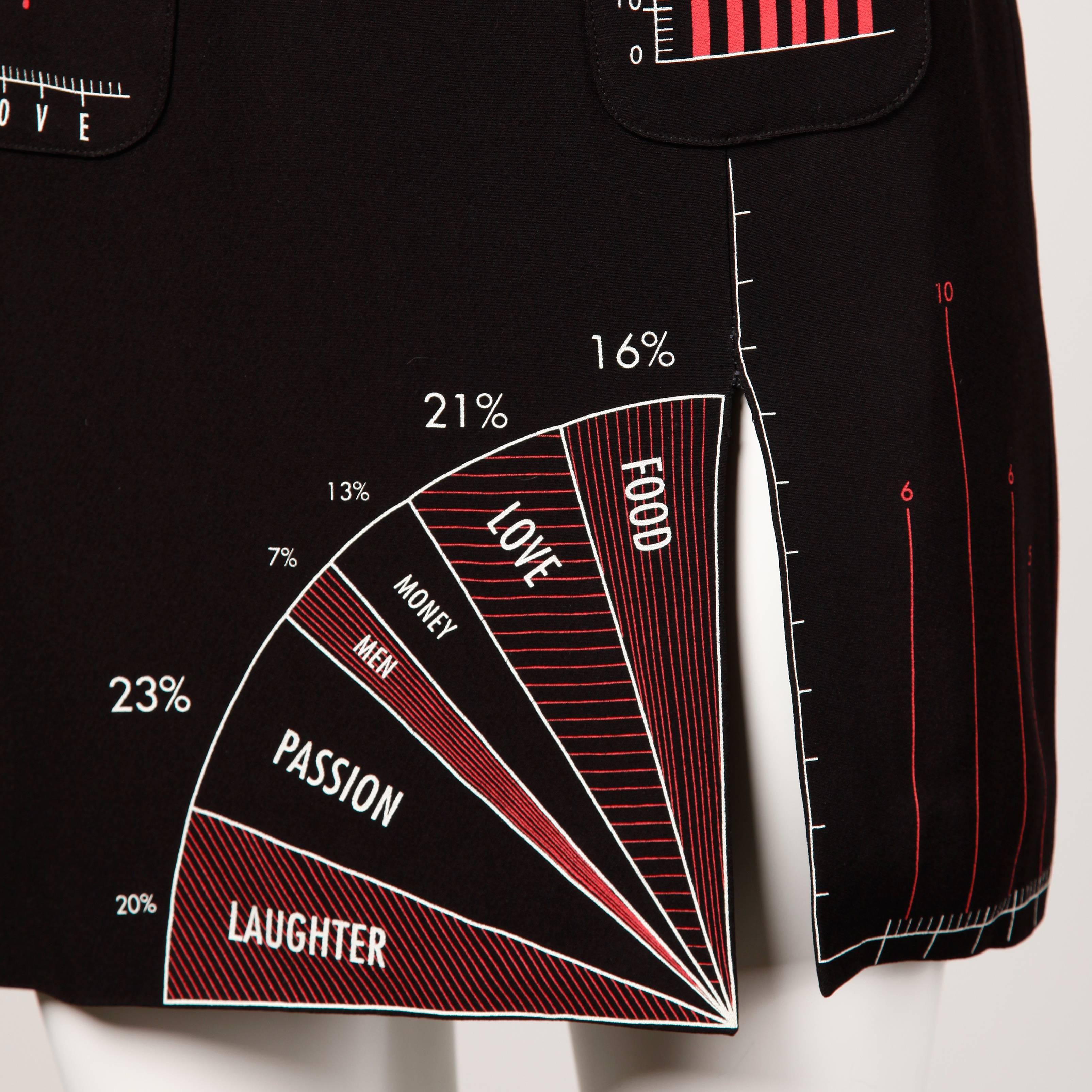Vintage black Moschino skirt with red and white love chart graphics. From the iconic 