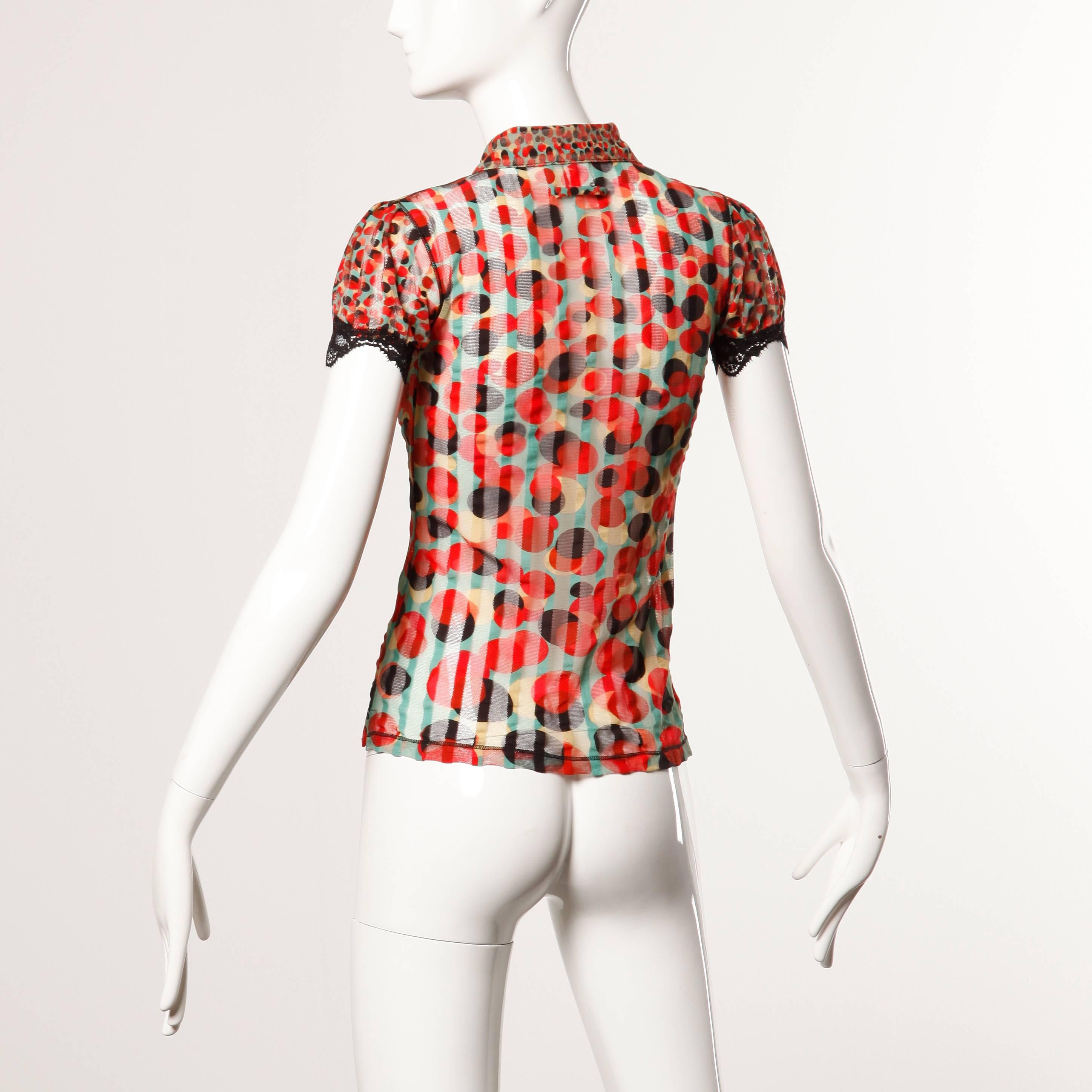 Brown Jean Paul Gaultier Vintage Sheer Mesh Op Art Polka Dot Print Top with Lace Trim