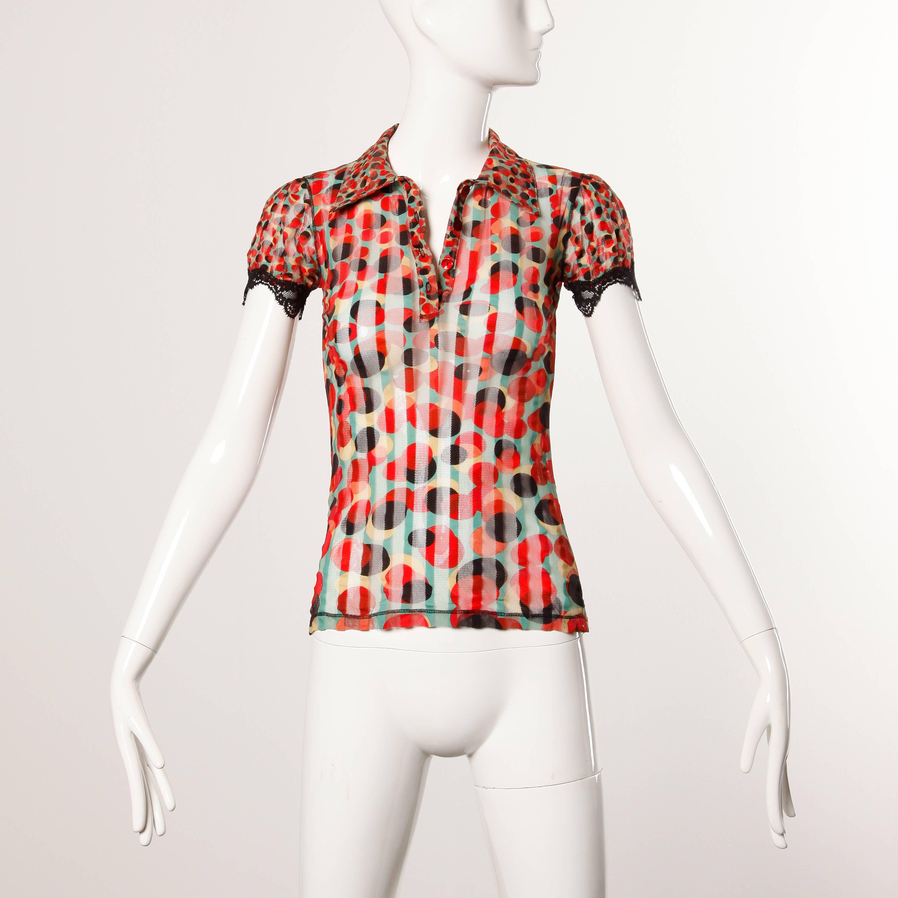 Women's Jean Paul Gaultier Vintage Sheer Mesh Op Art Polka Dot Print Top with Lace Trim