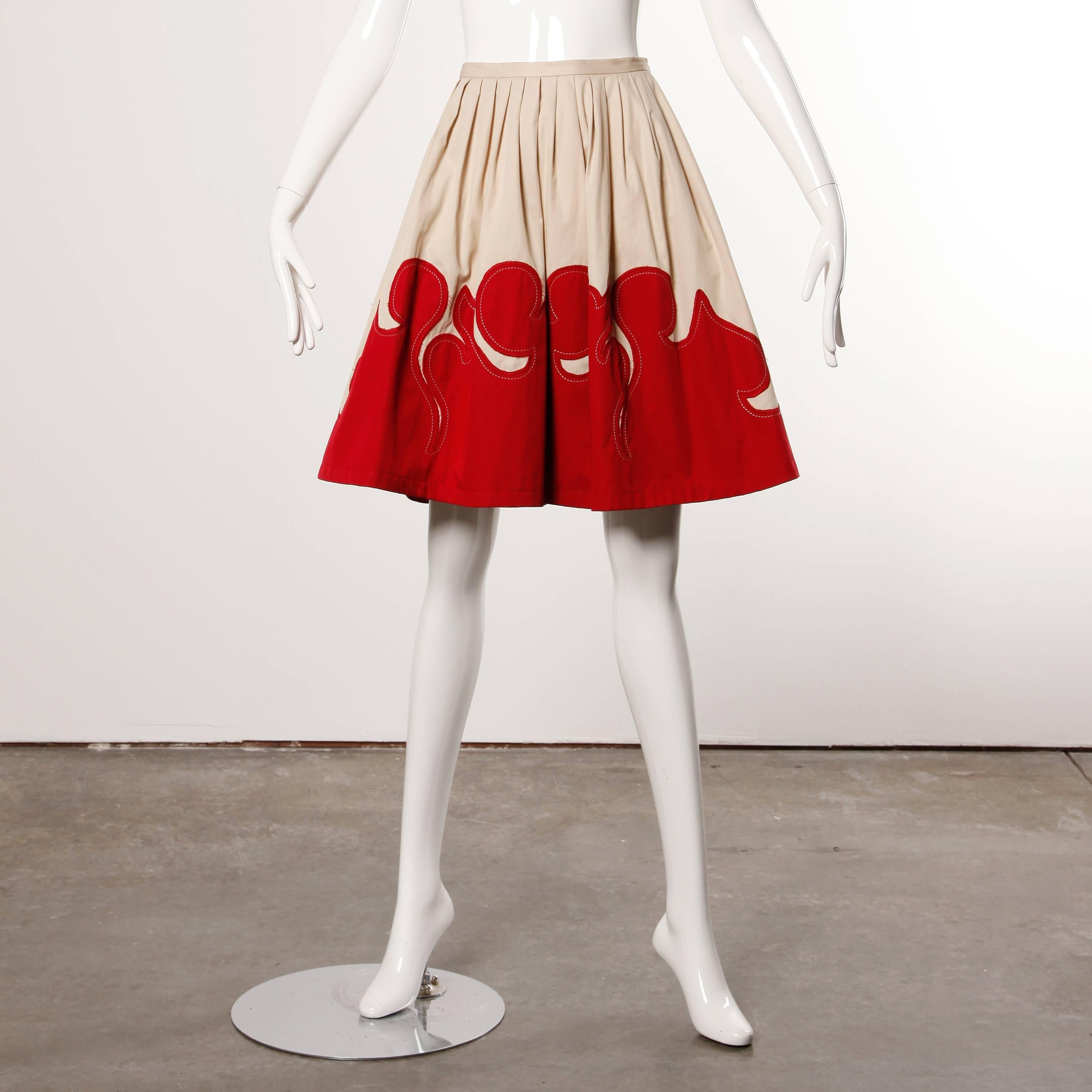 Moschino Vintage Red + Tan Cotton Patchwork Skirt with a Full Sweep 1