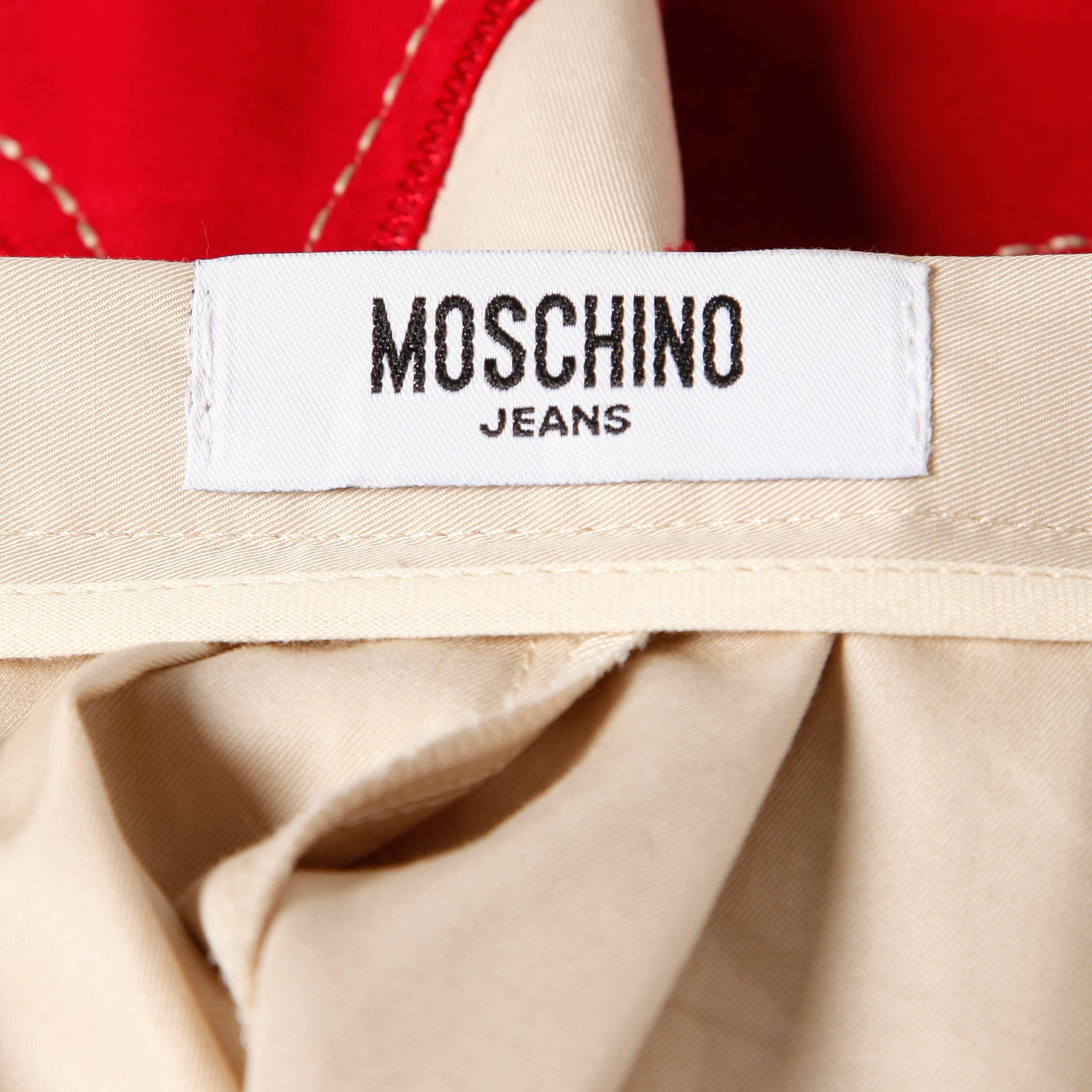Beige Moschino Vintage Red + Tan Cotton Patchwork Skirt with a Full Sweep