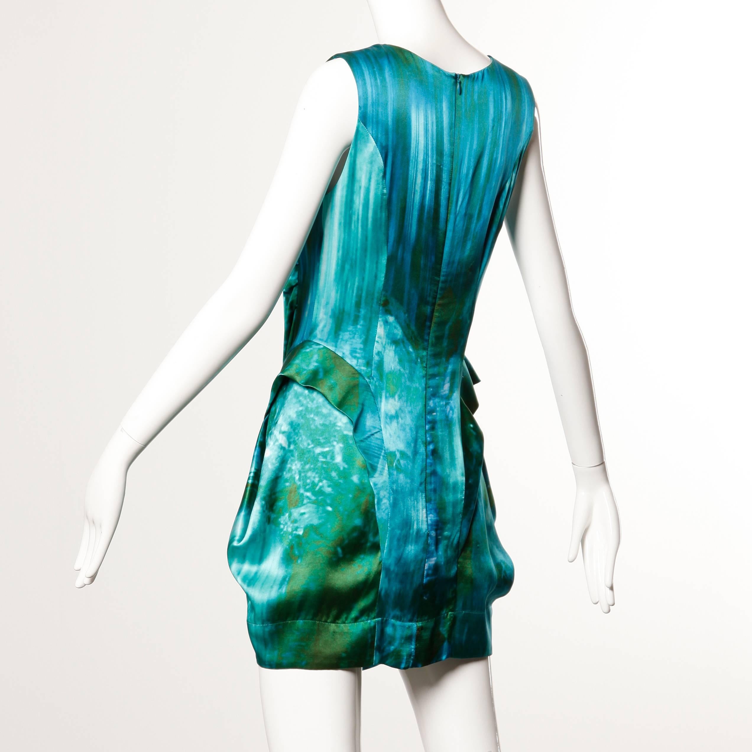 Peter Pilotto Avant Garde Silk Blue Green Watercolor Photo Print Dress In Excellent Condition For Sale In Sparks, NV