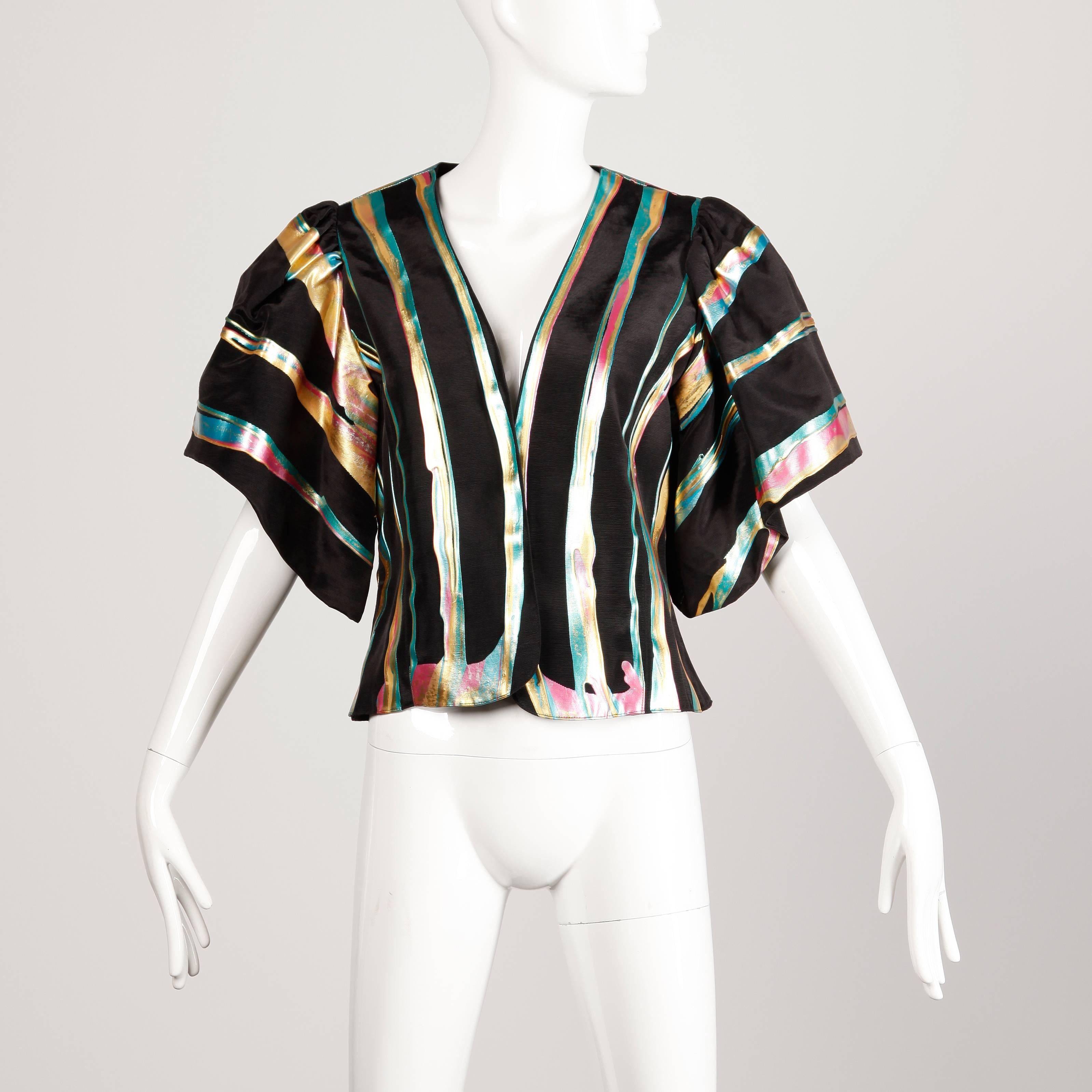 Vintage Hand Painted Metallic Grossgrain Jacket with Puff Sleeves 1