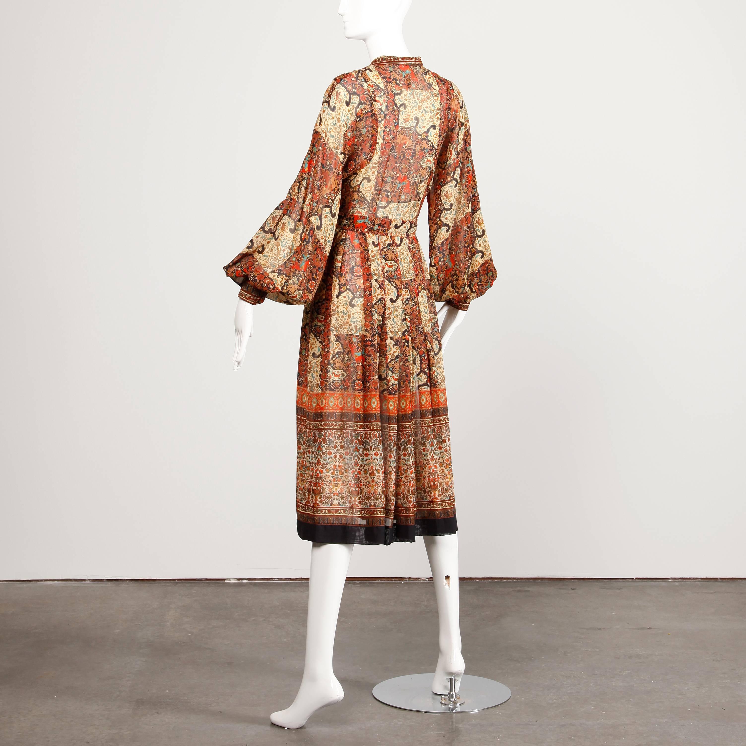Brown 1970s Vintage Jean Varon Indian Paisley Print Dress with Balloon Sleeves