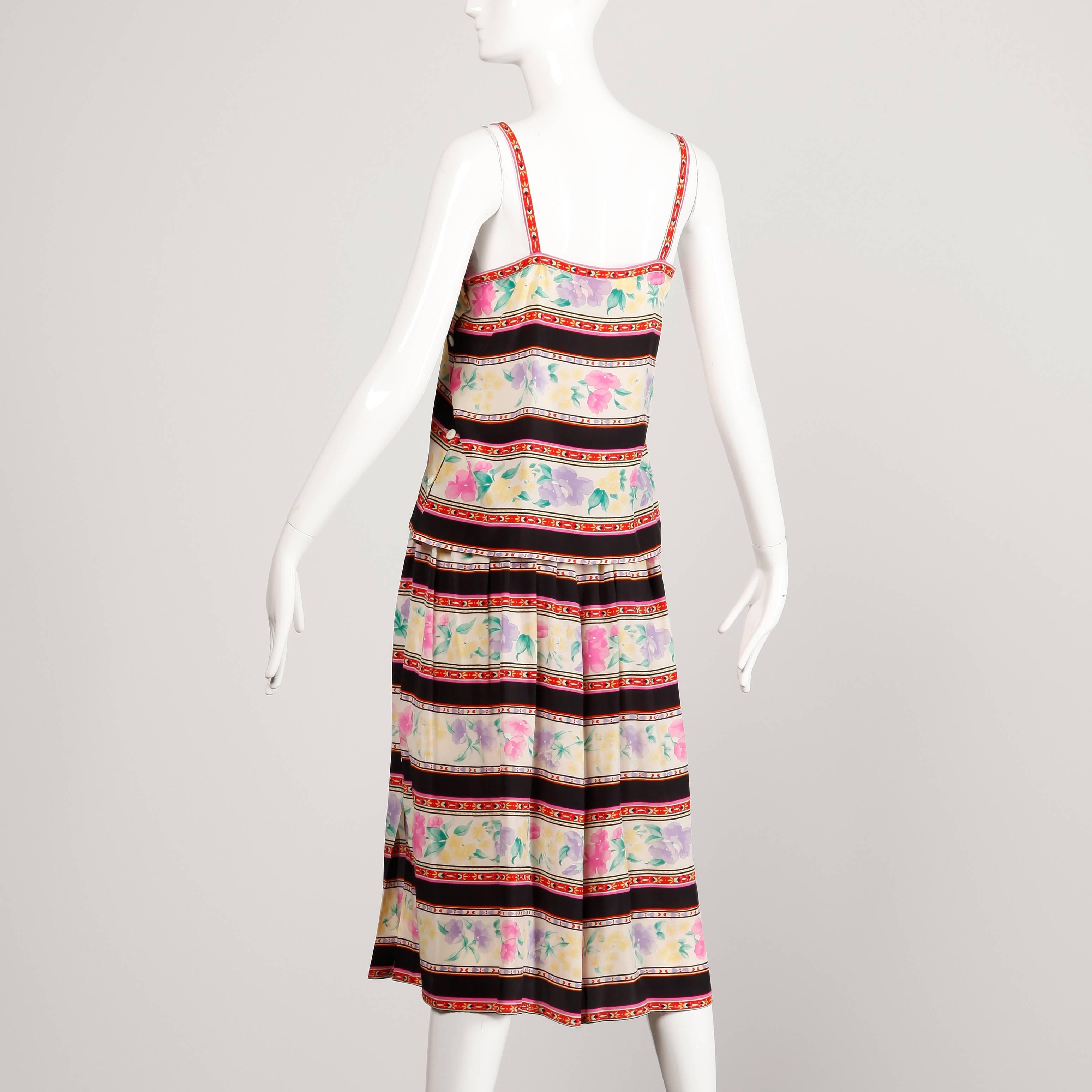 Beige 1970s Oscar de la Renta Vintage 2-Piece Silk Tank Top + Skirt Dress Ensemble