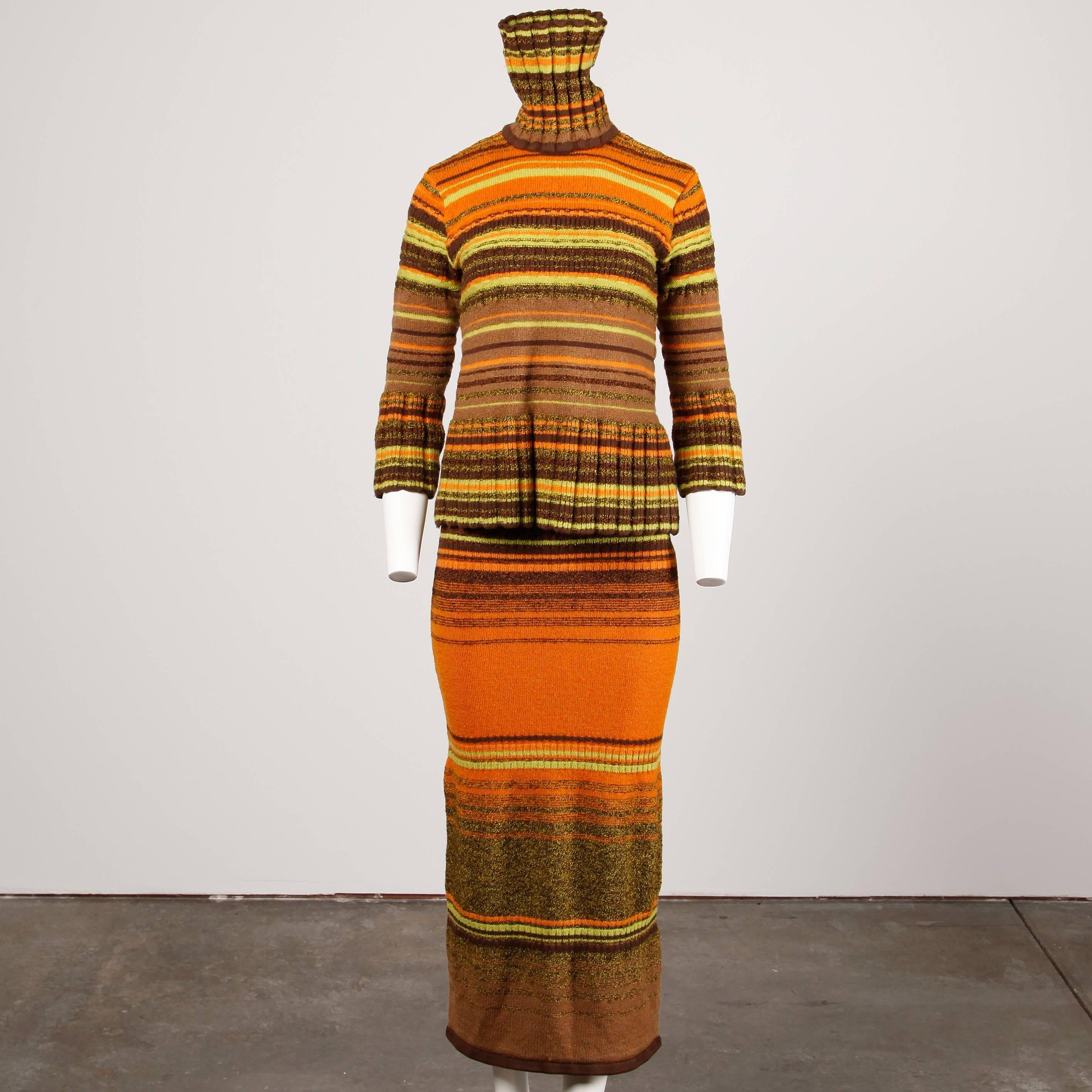 Colorful vintage striped knit sweater and skirt ensemble by Christian Lacroix. Wear together or separately!

Details: 

Unlined
Marked Size: Top: S/ Skirt: M
Color: Orange/ Brown/ Green
Fabric: 66% Wool/ 19% Polyacrylic/ 8% Rayon
Label: