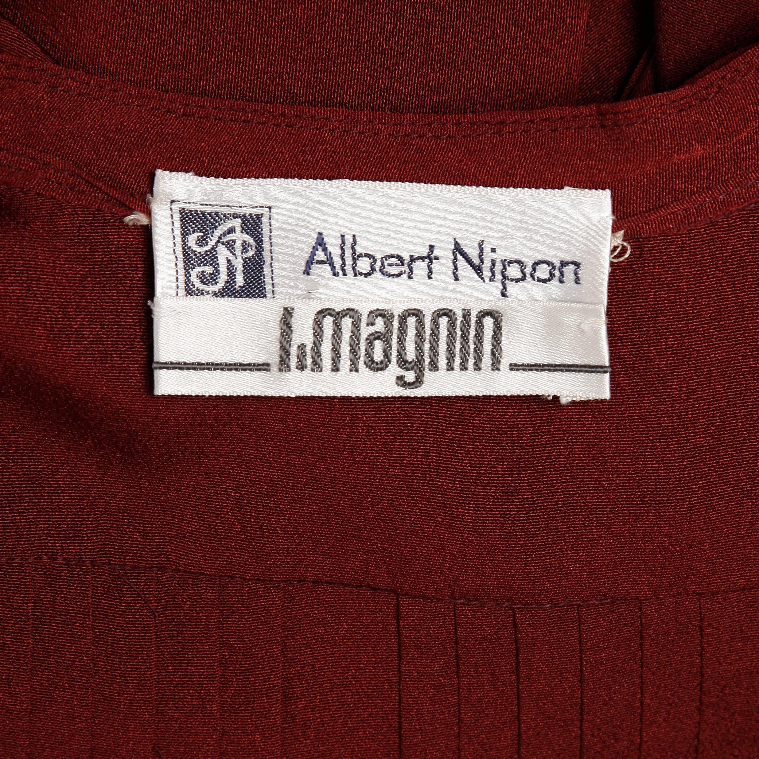 Women's 1970s Albert Nipon for I. Magnin Vintage Pleated Burgundy Dress