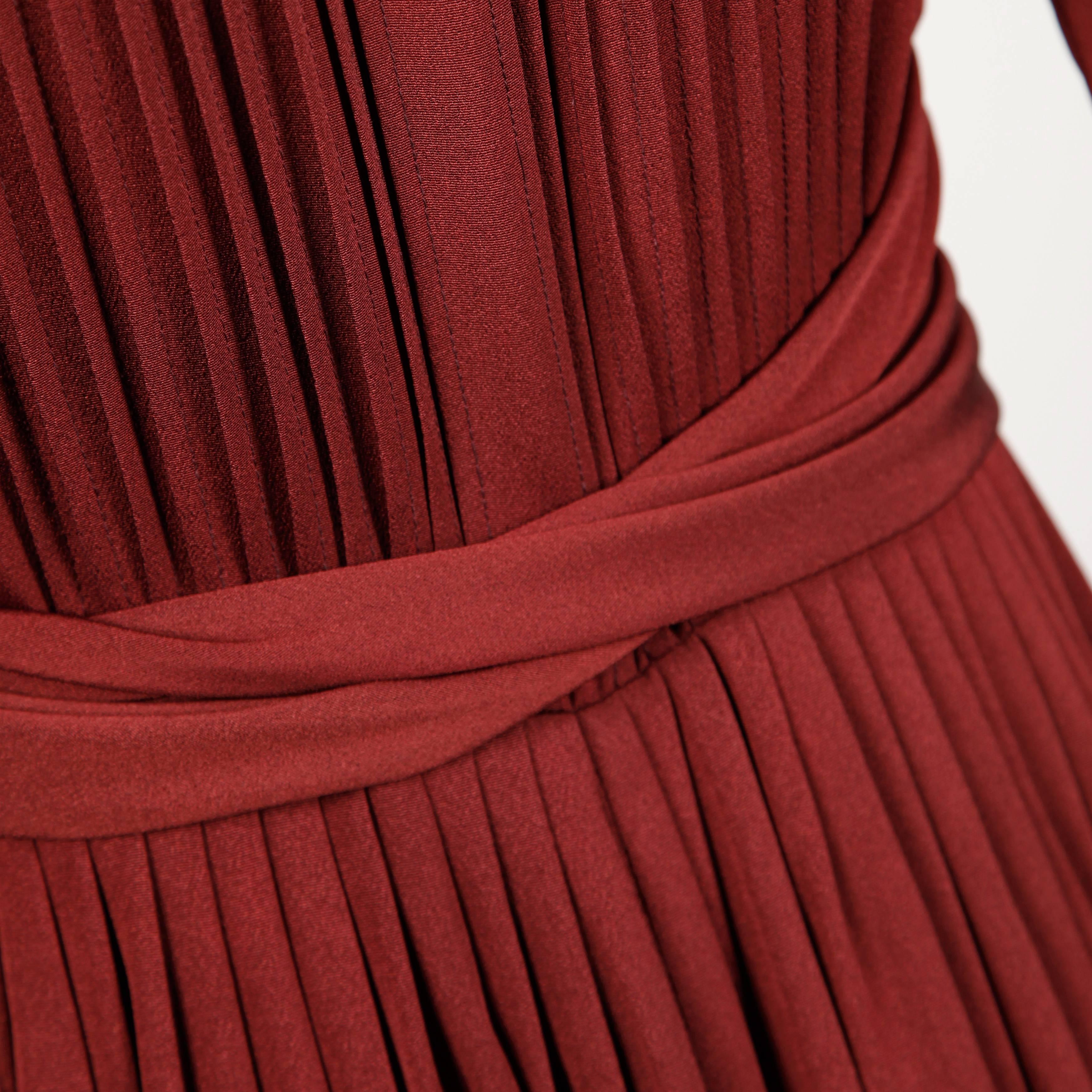 1970s Albert Nipon for I. Magnin Vintage Pleated Burgundy Dress 1