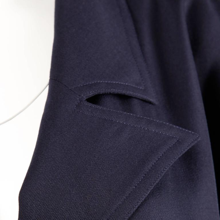 Courreges Vintage Navy Blue Wool Gabardine Trench Coat with Cape Detail