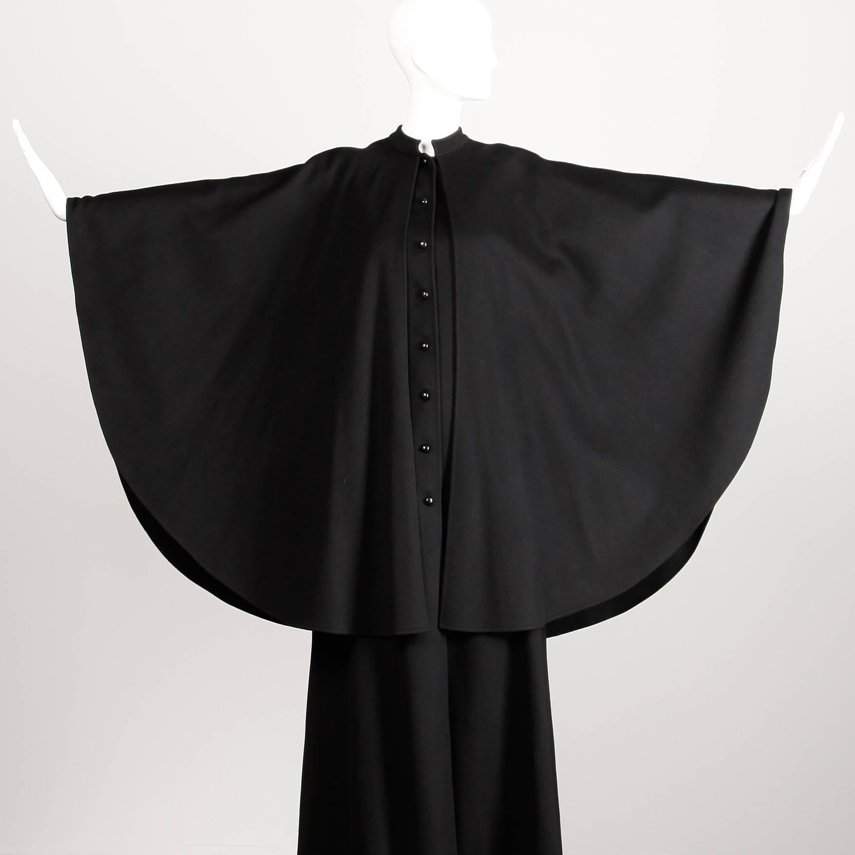 1970s Yves Saint Laurent Vintage Long Black Heavy Wool Cape Coat 2
