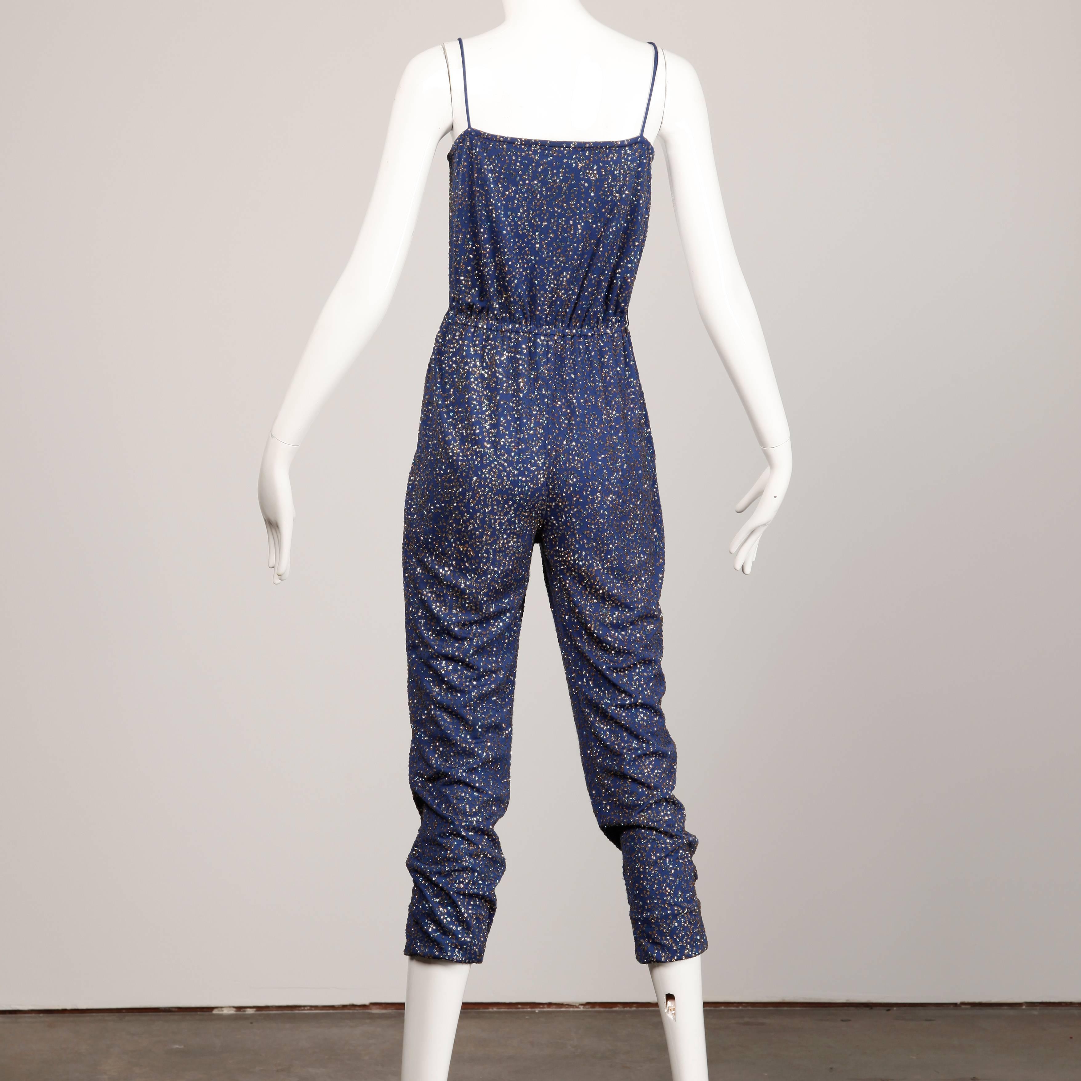 Women's Pat Richards Vintage Blue Metallic Glitter Sequin Jersey Knit Jumpsuit, 1970s 