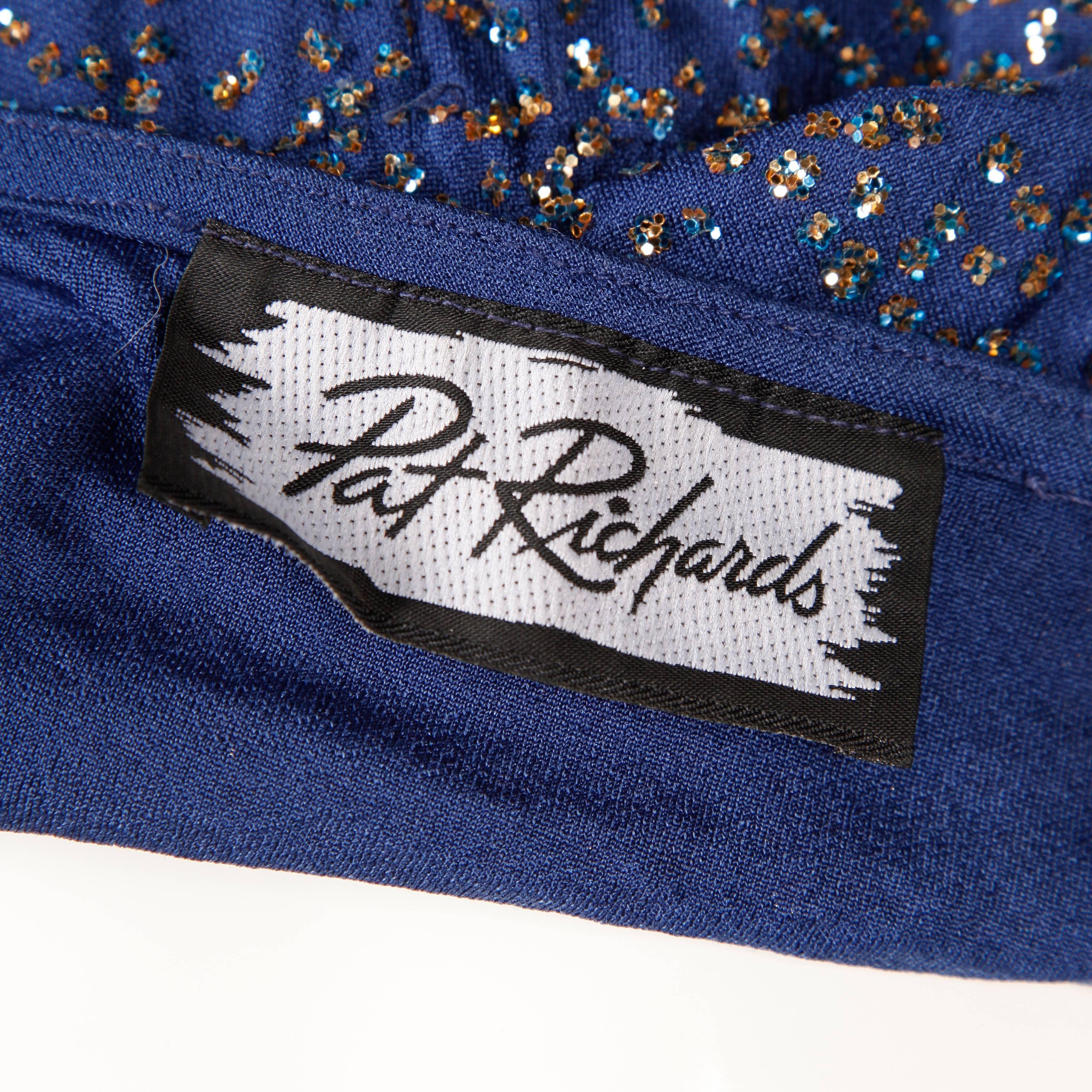 Pat Richards Vintage Blue Metallic Glitter Sequin Jersey Knit Jumpsuit, 1970s  1