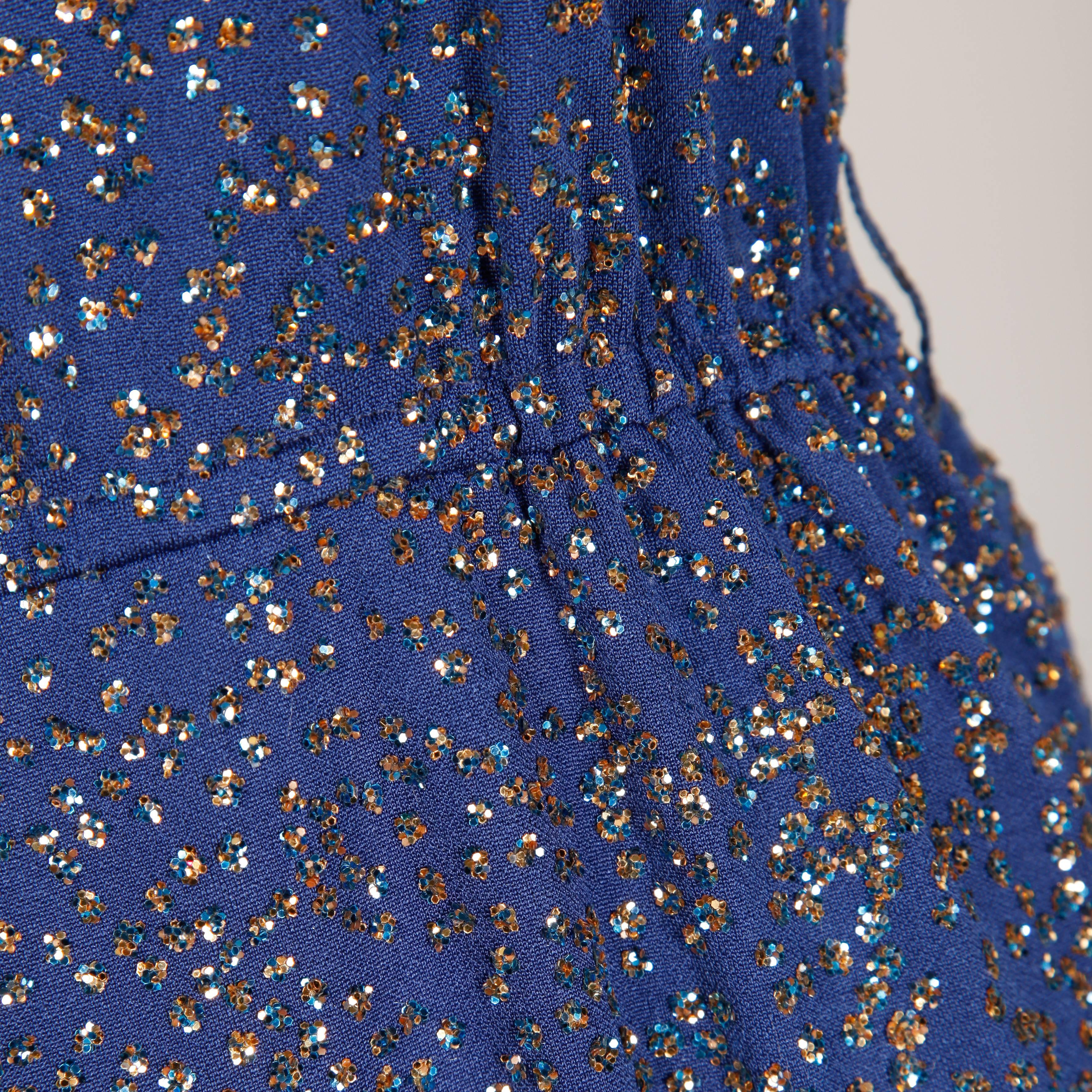 Pat Richards Vintage Blue Metallic Glitter Sequin Jersey Knit Jumpsuit, 1970s  2