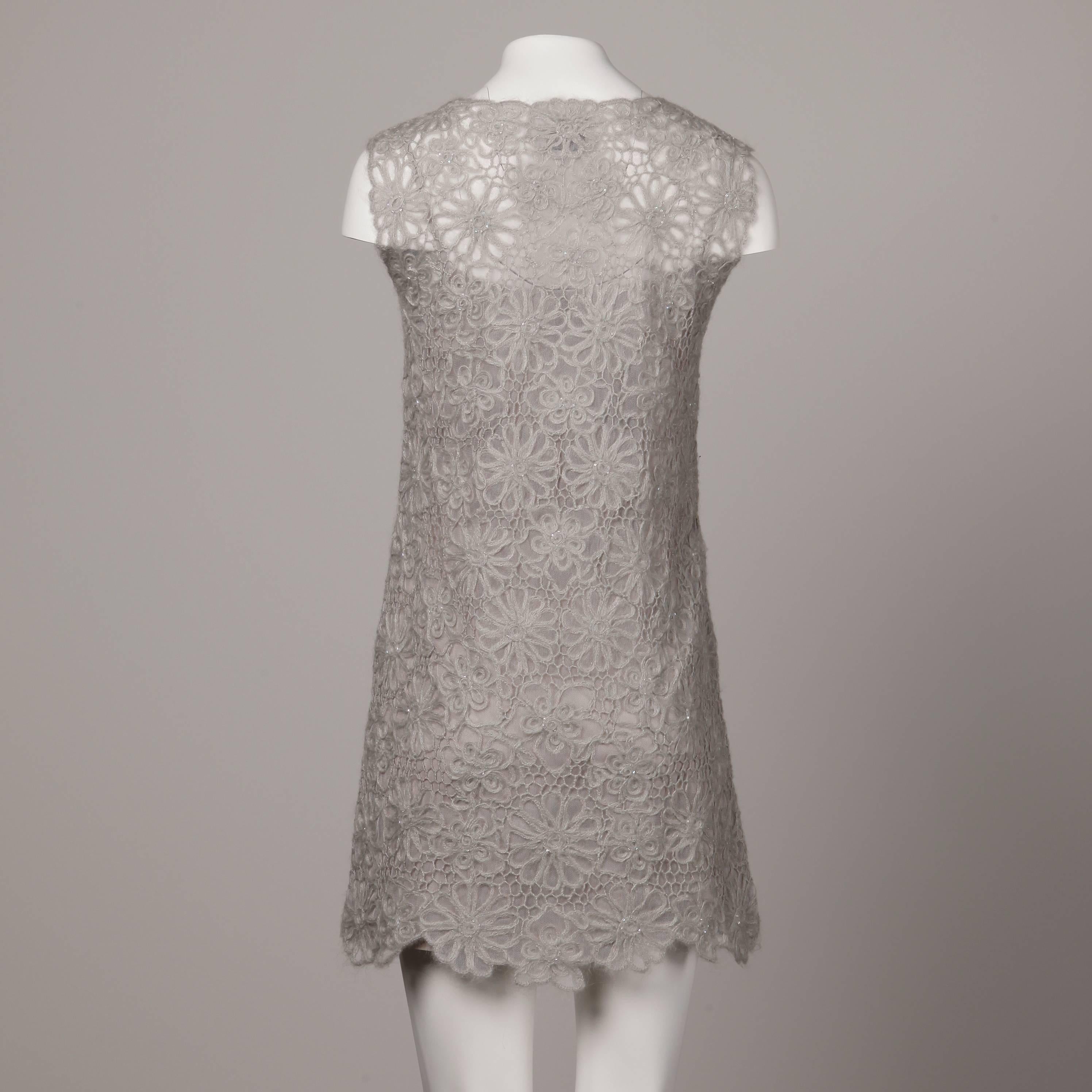 Moschino Vintage Gray Beaded Crochet Lace Shift Dress, 1990s  In Excellent Condition For Sale In Sparks, NV