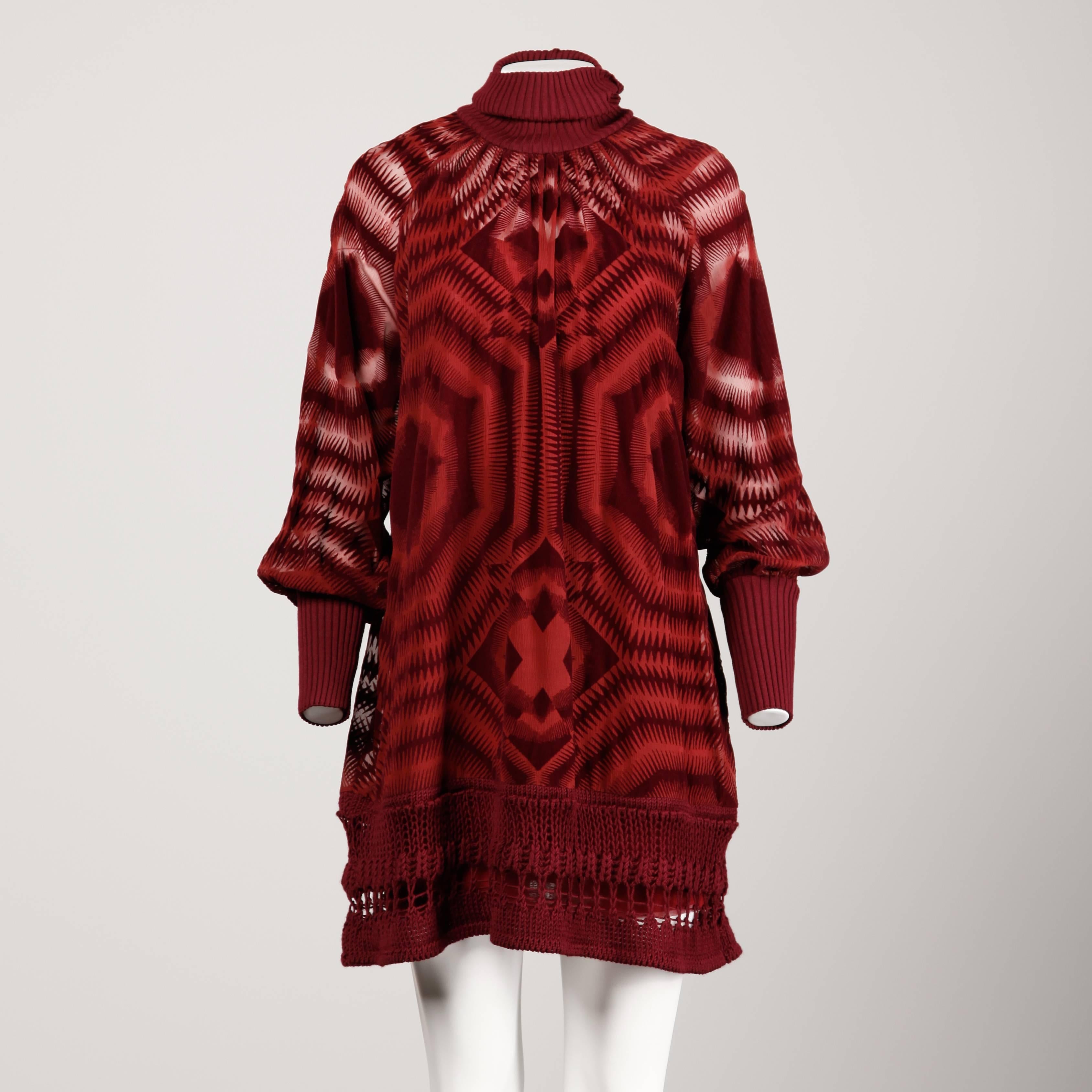 Red Jean Paul Gaultier Burgundy Op Art Burnout Velvet Sheer Mesh Dress