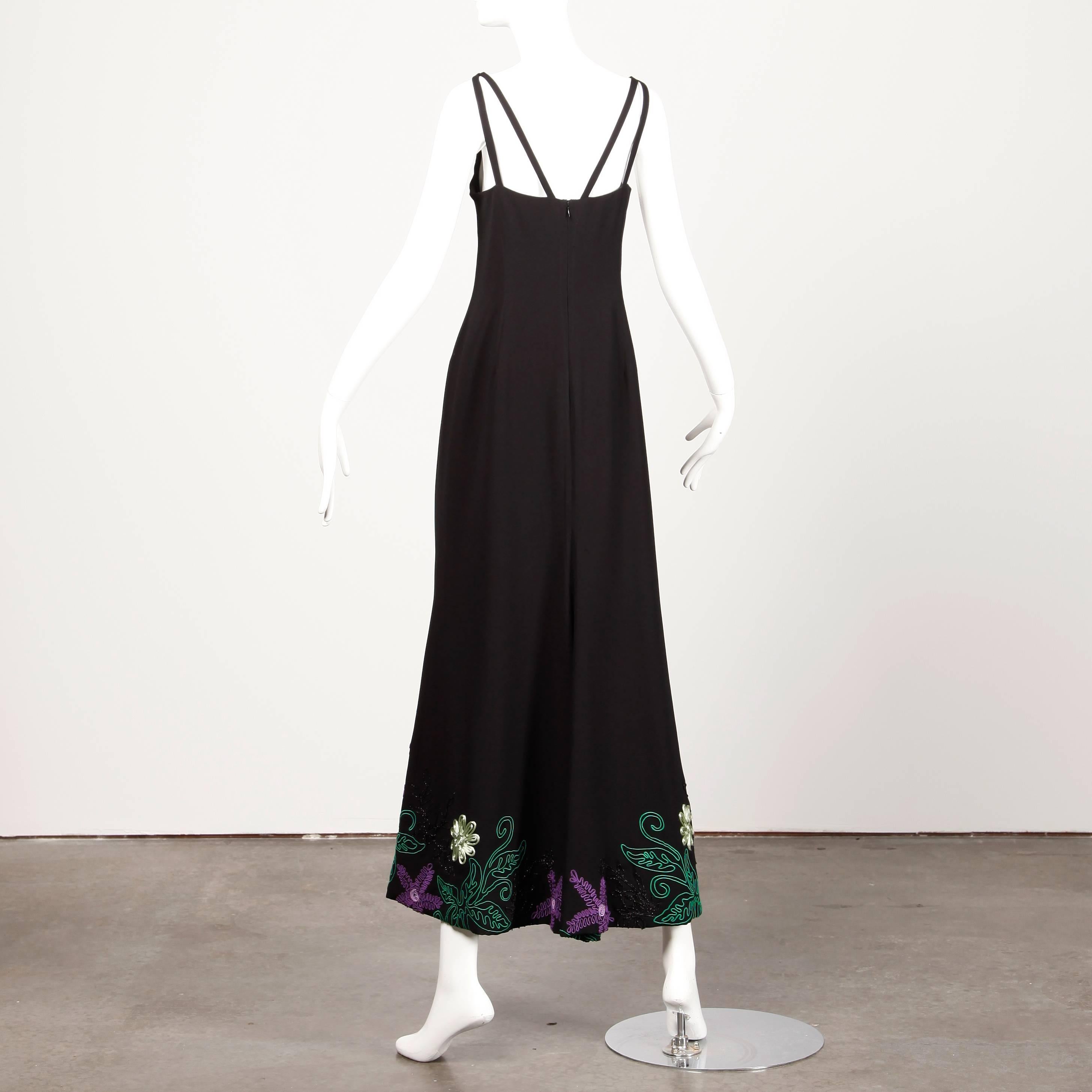 1970s Travilla Vintage Evening Dress with Purple Green + Black Flower Embroidery In Excellent Condition For Sale In Sparks, NV
