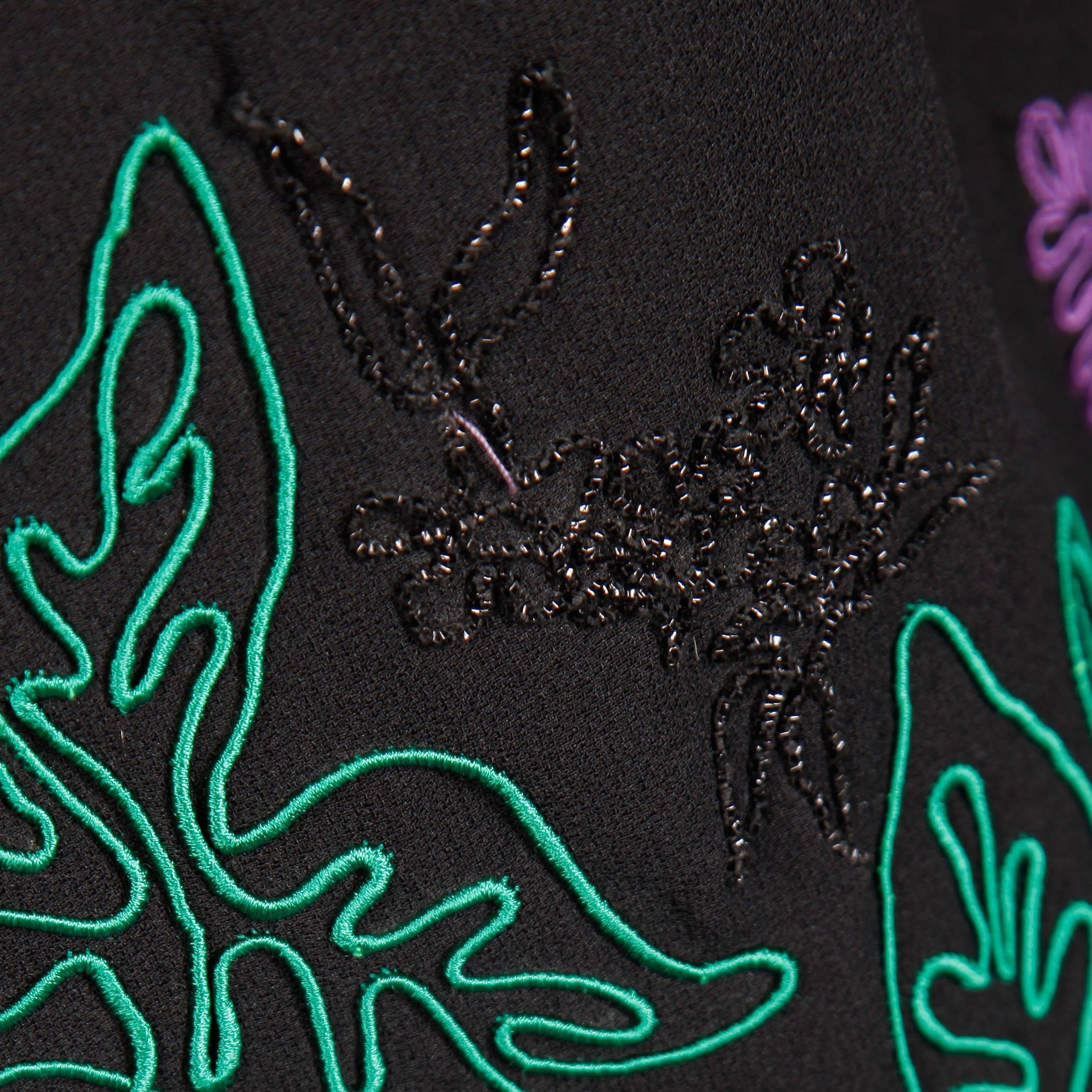 1970s Travilla Vintage Evening Dress with Purple Green + Black Flower Embroidery For Sale 2