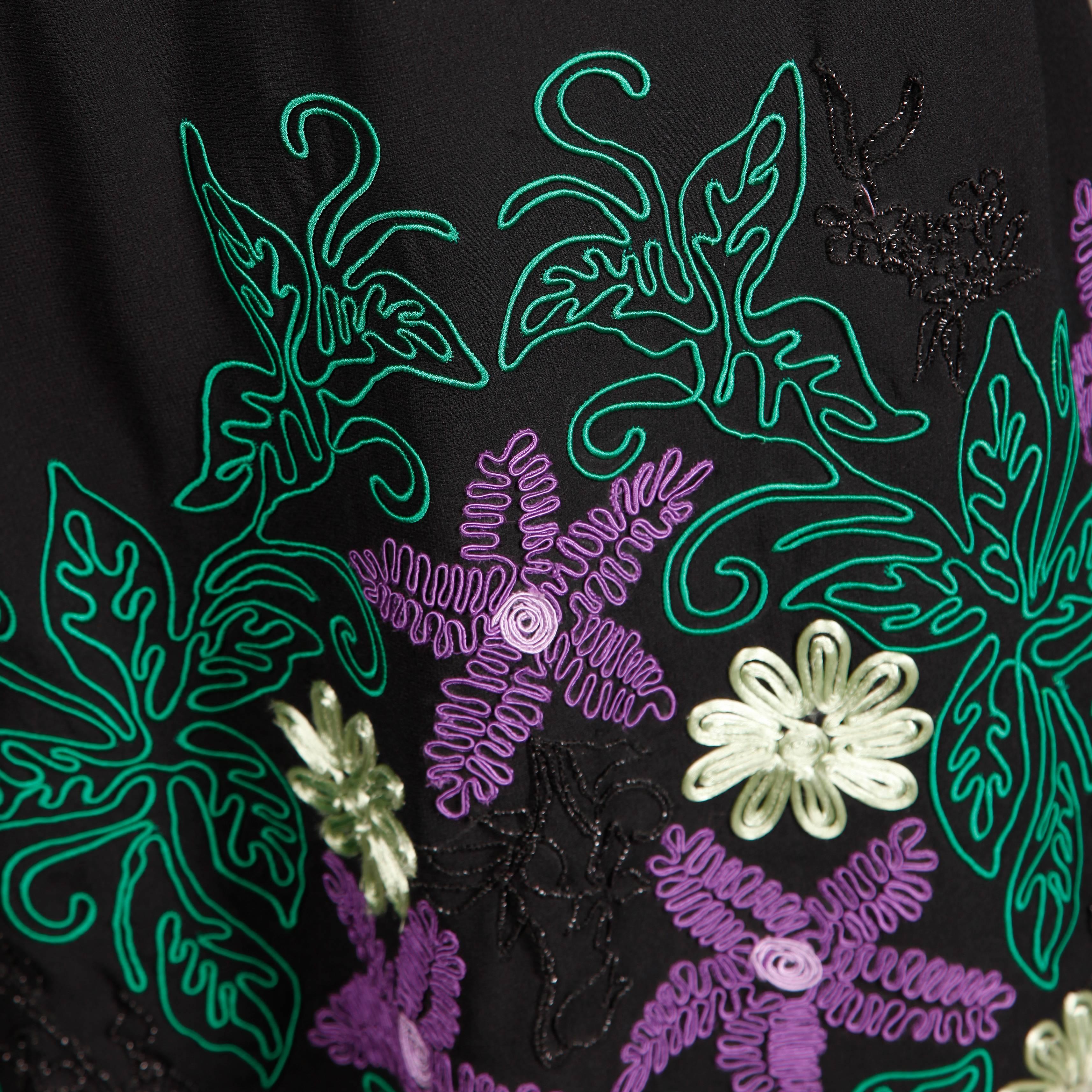 1970s Travilla Vintage Evening Dress with Purple Green + Black Flower Embroidery For Sale 1