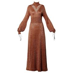 1970er Wenjilli Vintage Slinky Bronze Metallic Strick Maxi Kleid