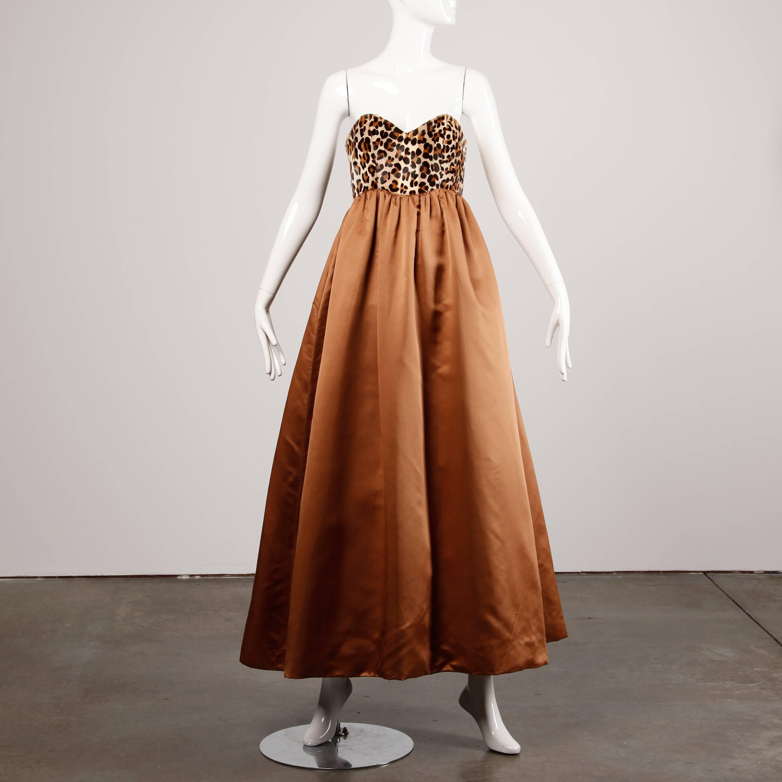 Brown Victor Costa Vintage 1980s Leopard Dyed Calf/ Pony Hair Fur Strapless Silk Dress