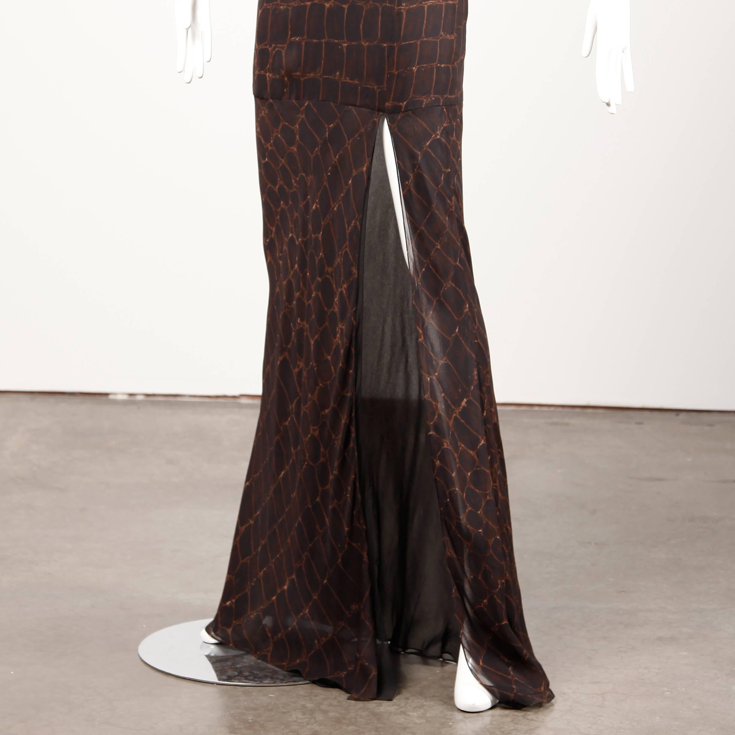 Chado by Ralph Rucci Crocodile Print Silk Maxi Skirt with High Leg Slit In Excellent Condition In Sparks, NV