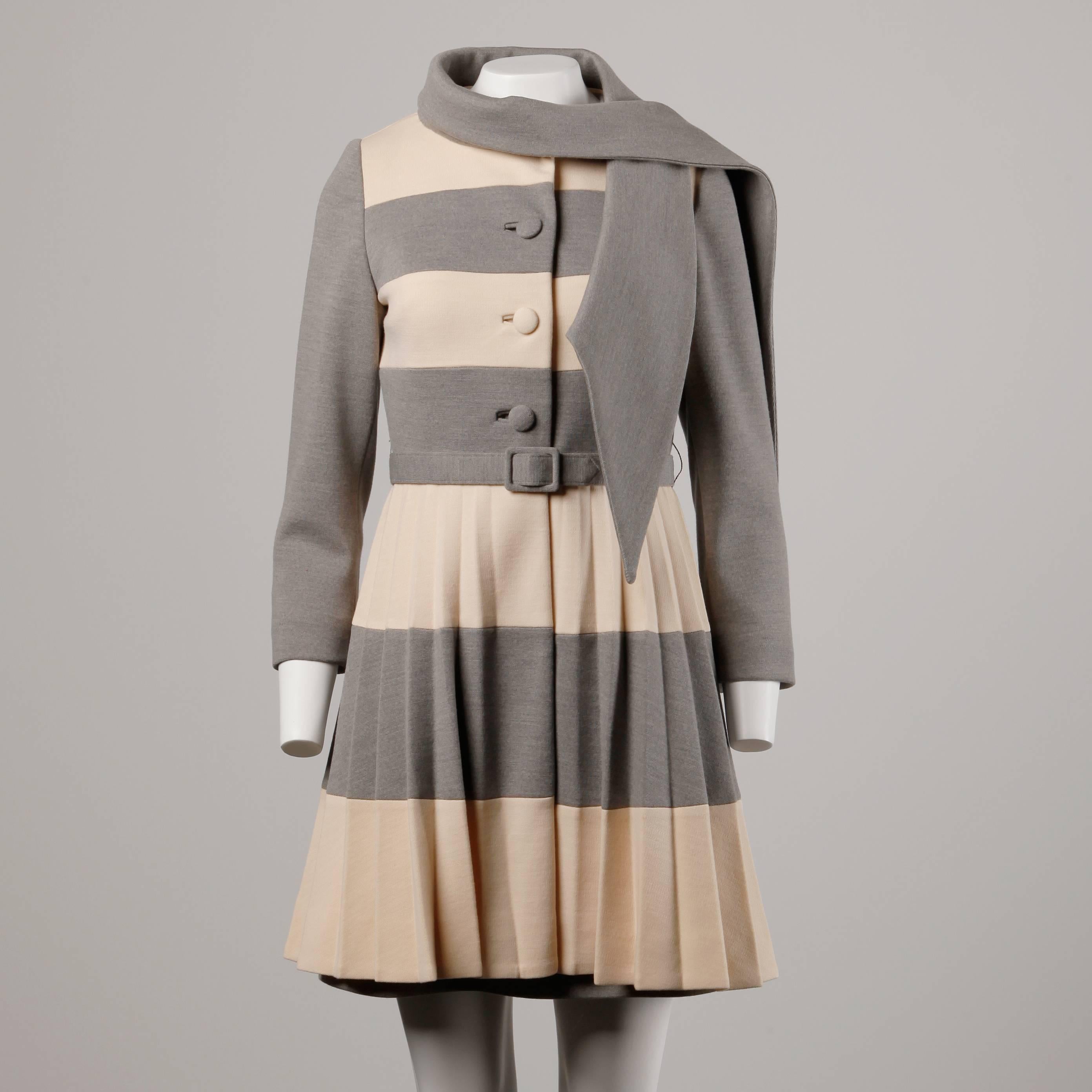 Brown Lilli Ann 1960s Vintage Mod Wool Striped Coat, Dress + Belt 3-Piece Ensemble