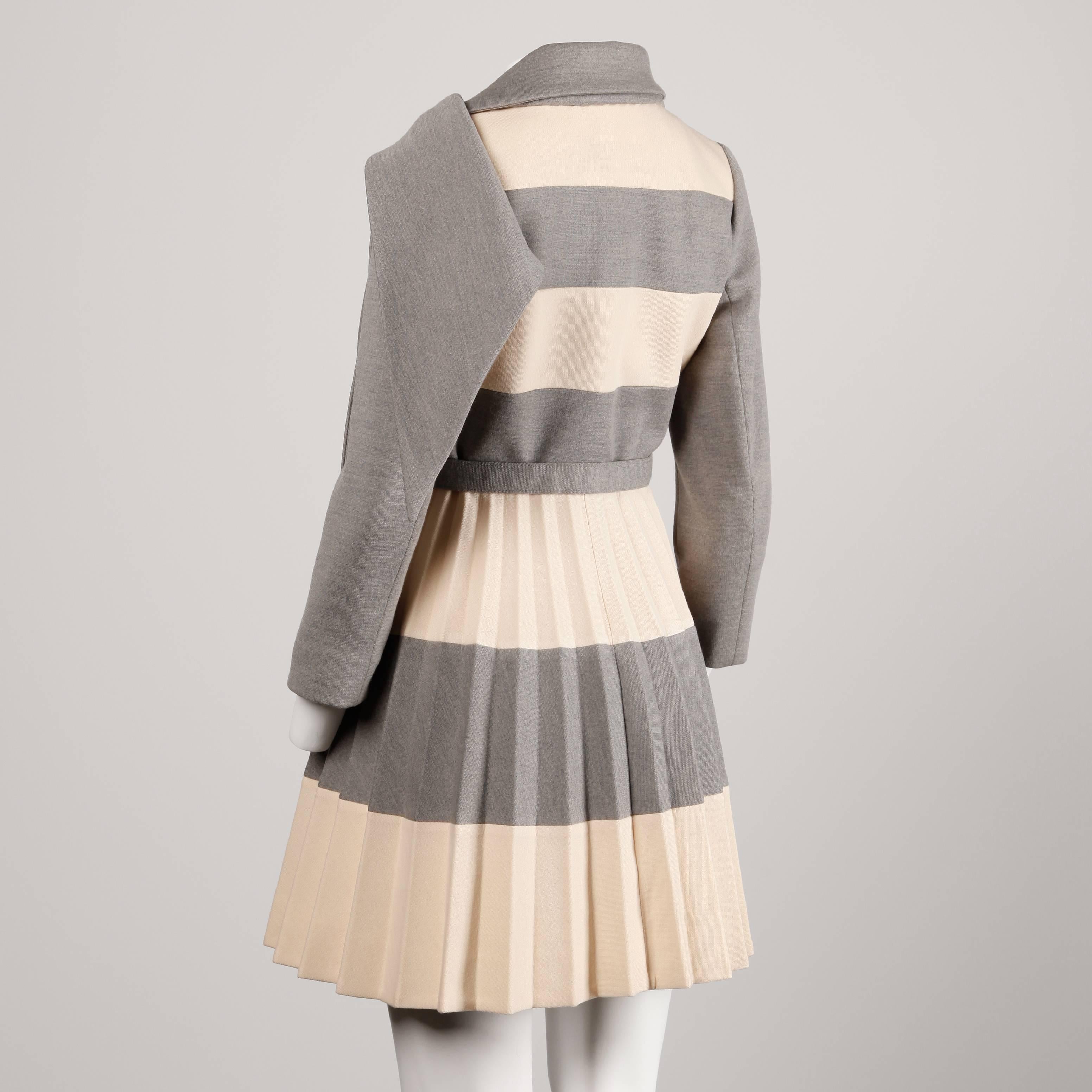 Women's Lilli Ann 1960s Vintage Mod Wool Striped Coat, Dress + Belt 3-Piece Ensemble