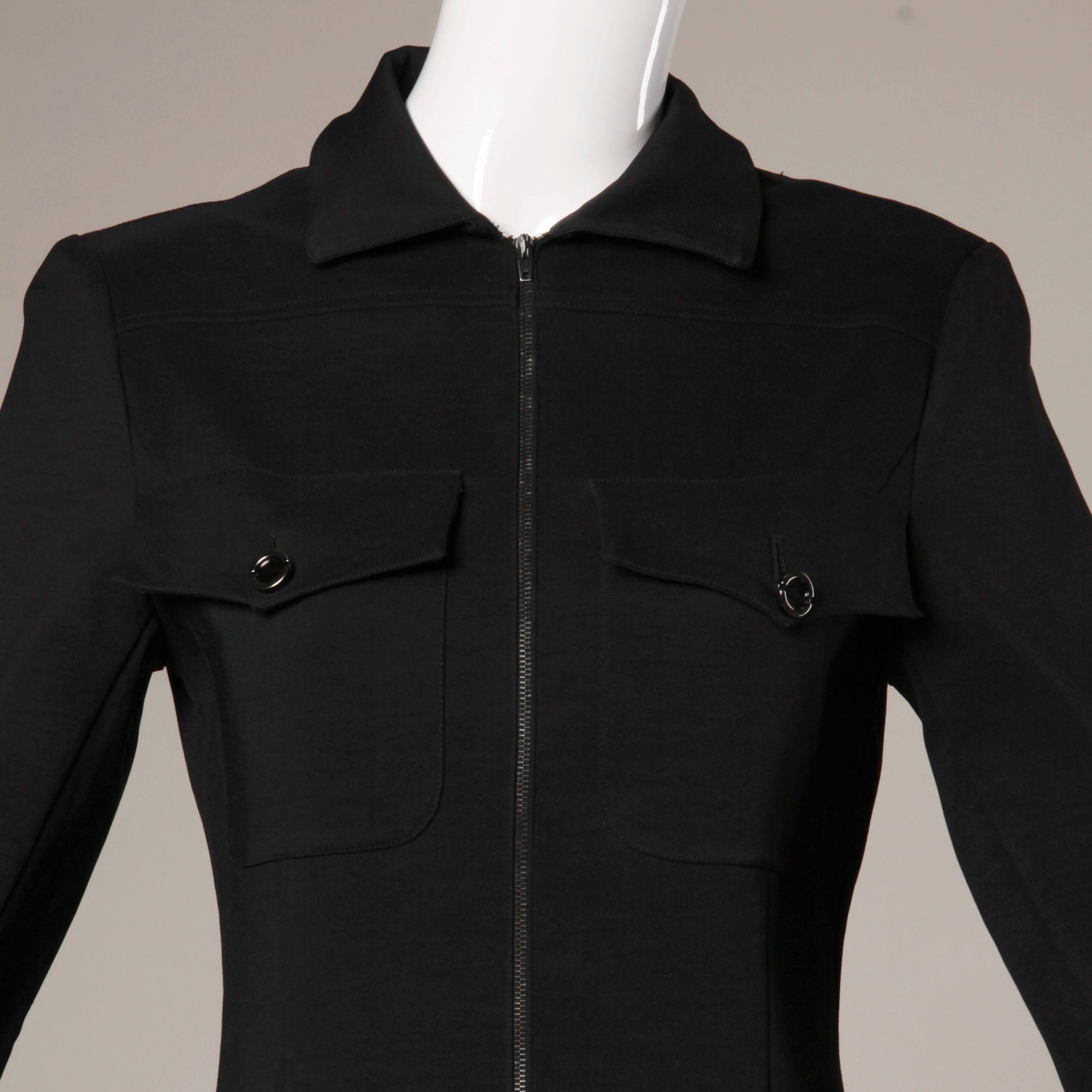 Claude Montana Vintage 90s Black Long Sleeve Zip Up Shirt Dress In Excellent Condition In Sparks, NV
