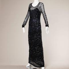 Moschino Vintage Navy Blue Hearts Print Mesh Maxi Dress