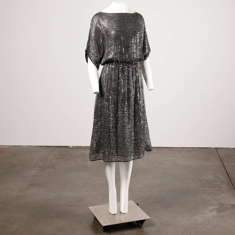 Judith Ann Vintage 1970s Black Silk Chiffon Dress with Metallic Silver ...