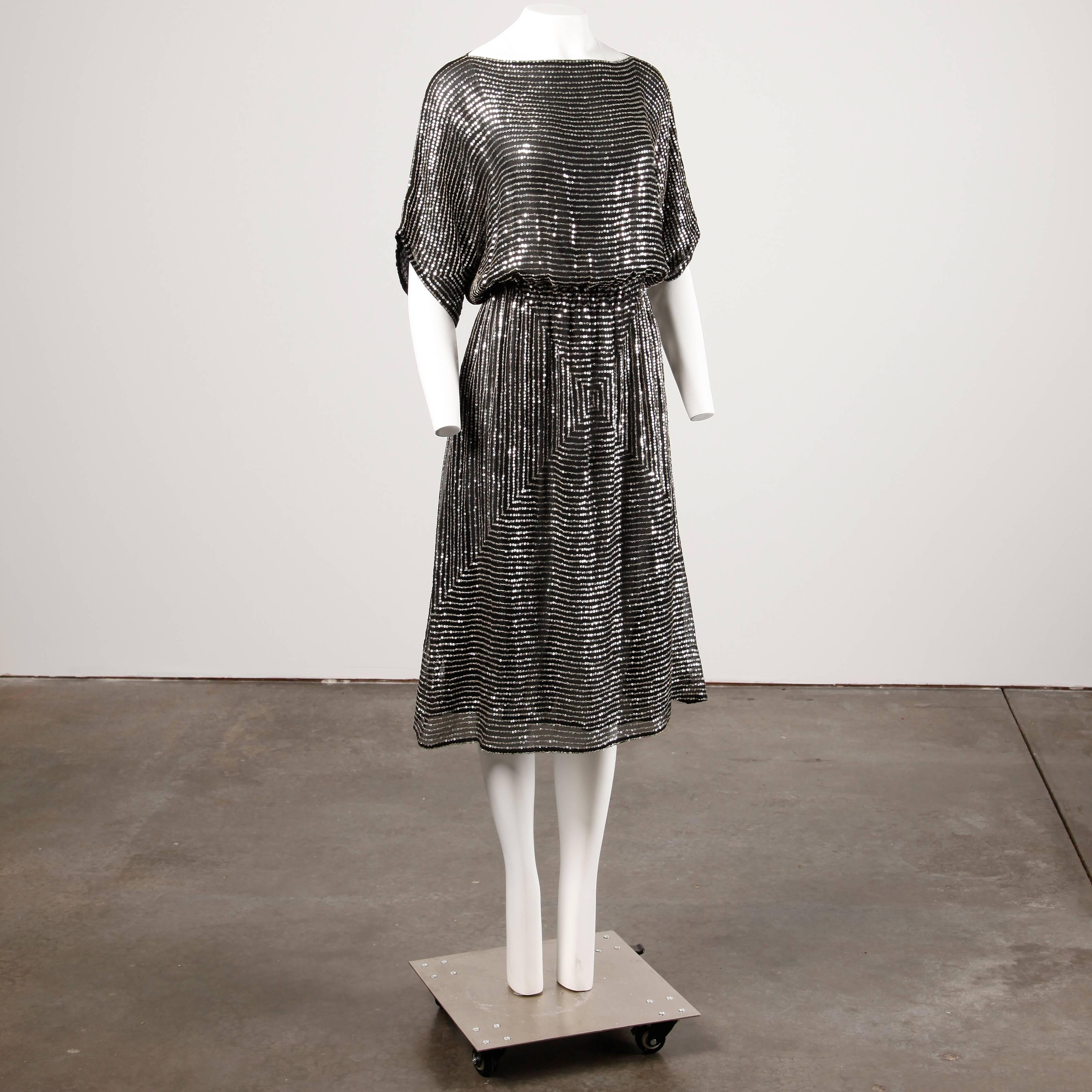 Women's Judith Ann Vintage 1970s Black Silk Chiffon Dress with Metallic Silver Sequins