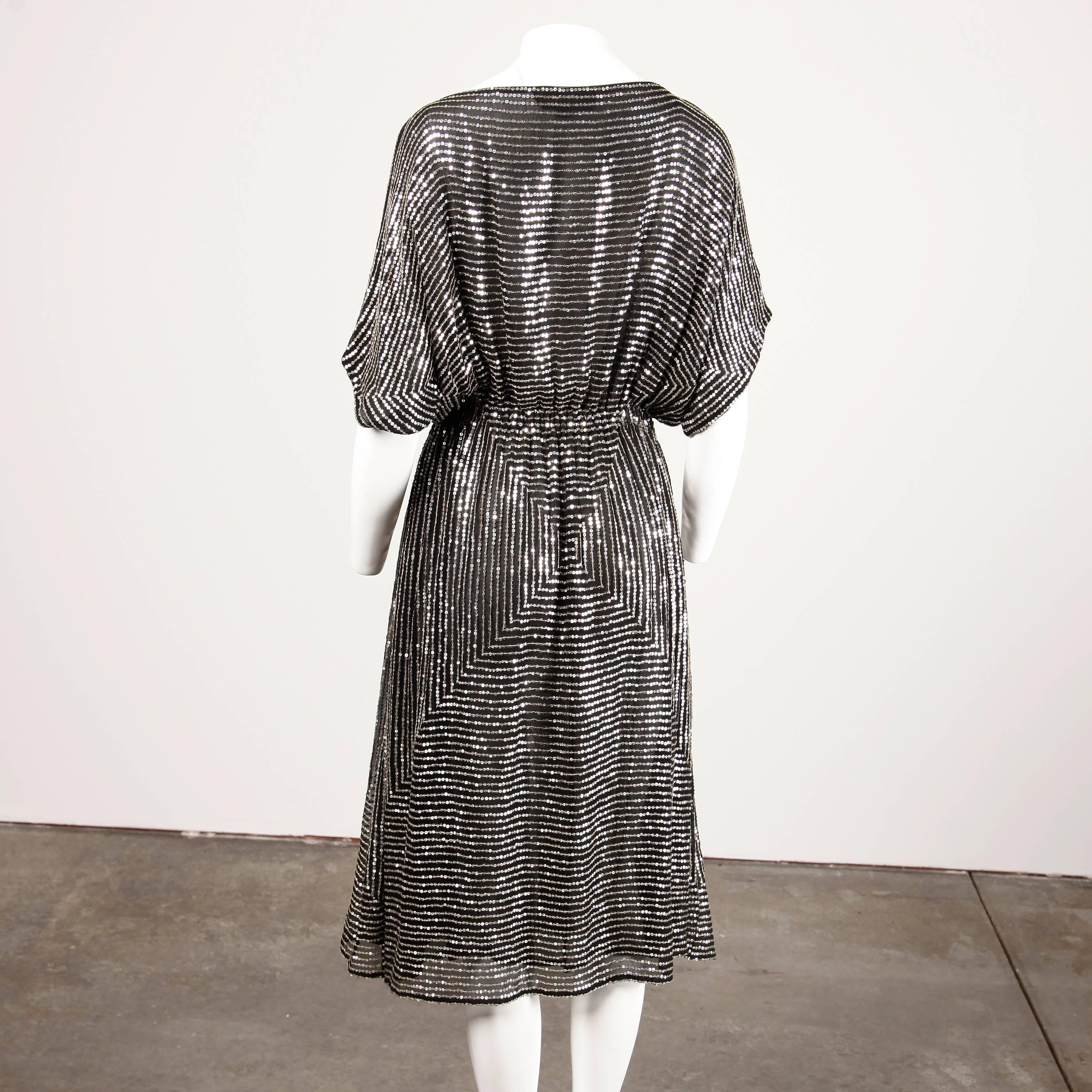 Judith Ann Vintage 1970s Black Silk Chiffon Dress with Metallic Silver Sequins 2