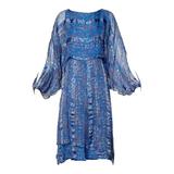 Robe vintage en soie bleue paper Thin des années 1970 avec manches ondulantes et bouffantes