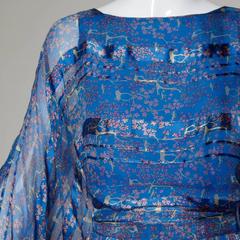 1970s Paper Thin Blue Silk Vintage Dress with Billowy Batwing Sleeves