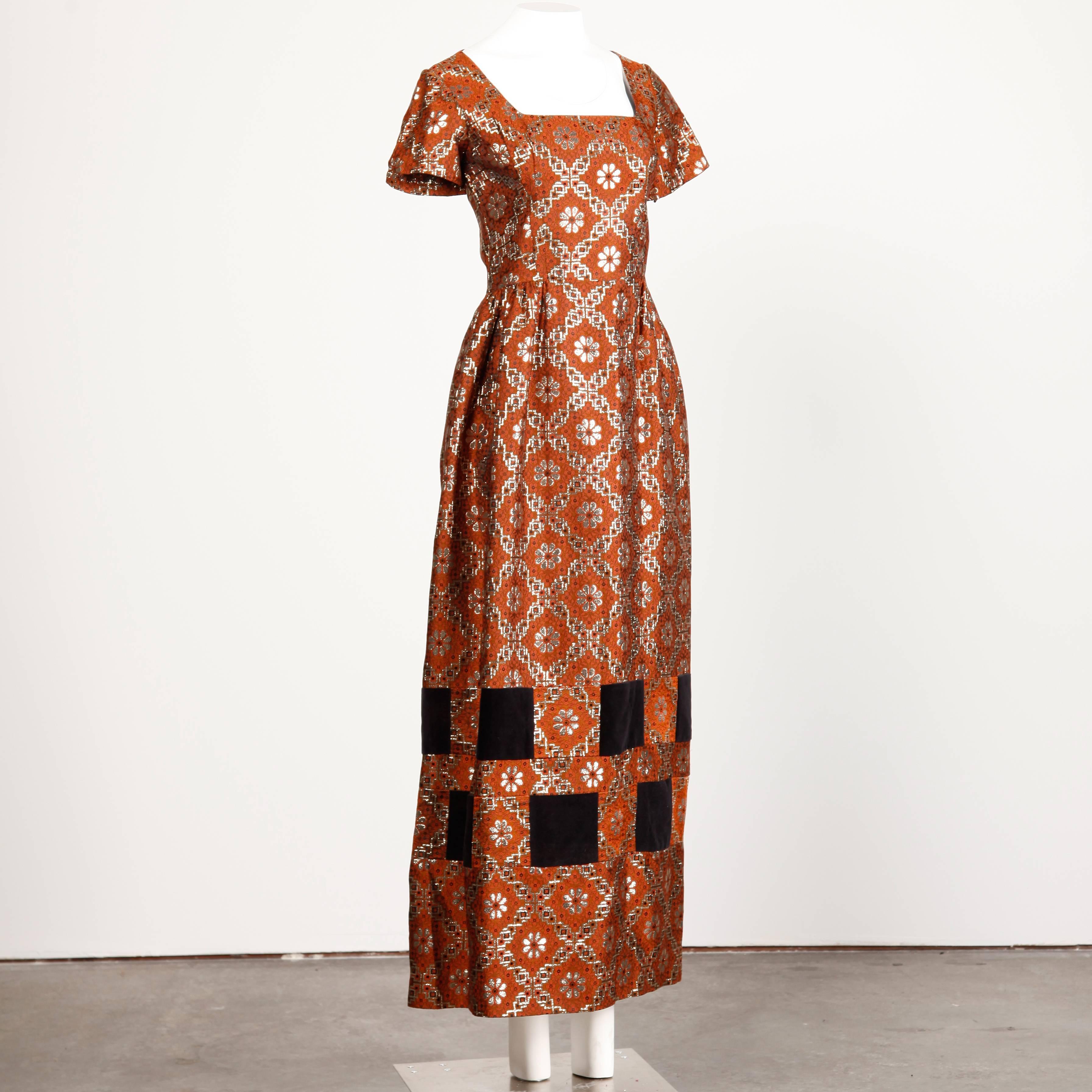 Brown Unworn with Tags 1960s Vintage Metallic Gold Brocade Maxi Dress with Velvet
