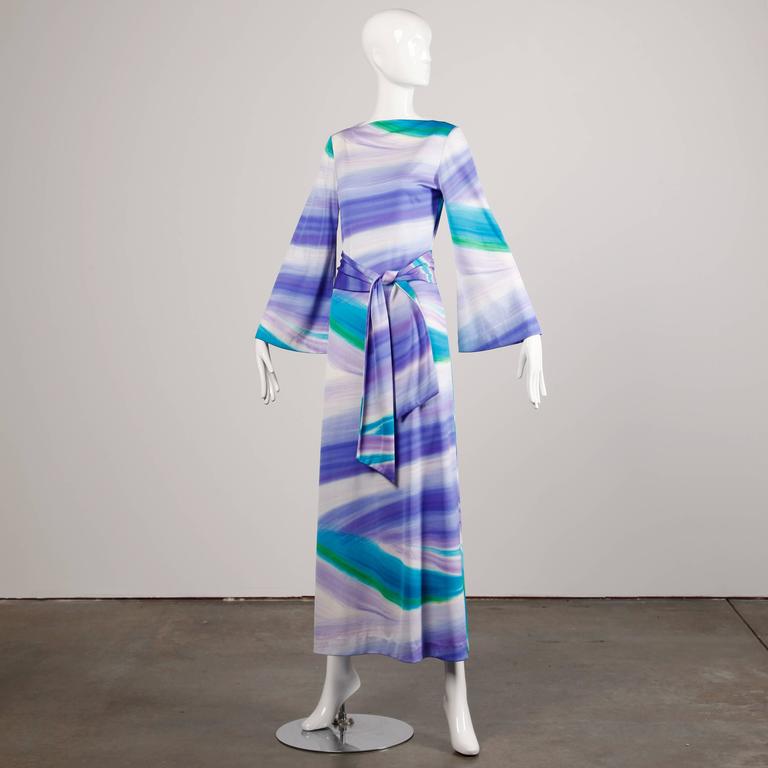 1970s Lanvin Floral Printed Fluid Jersey Ribbon Front Caftan Dress