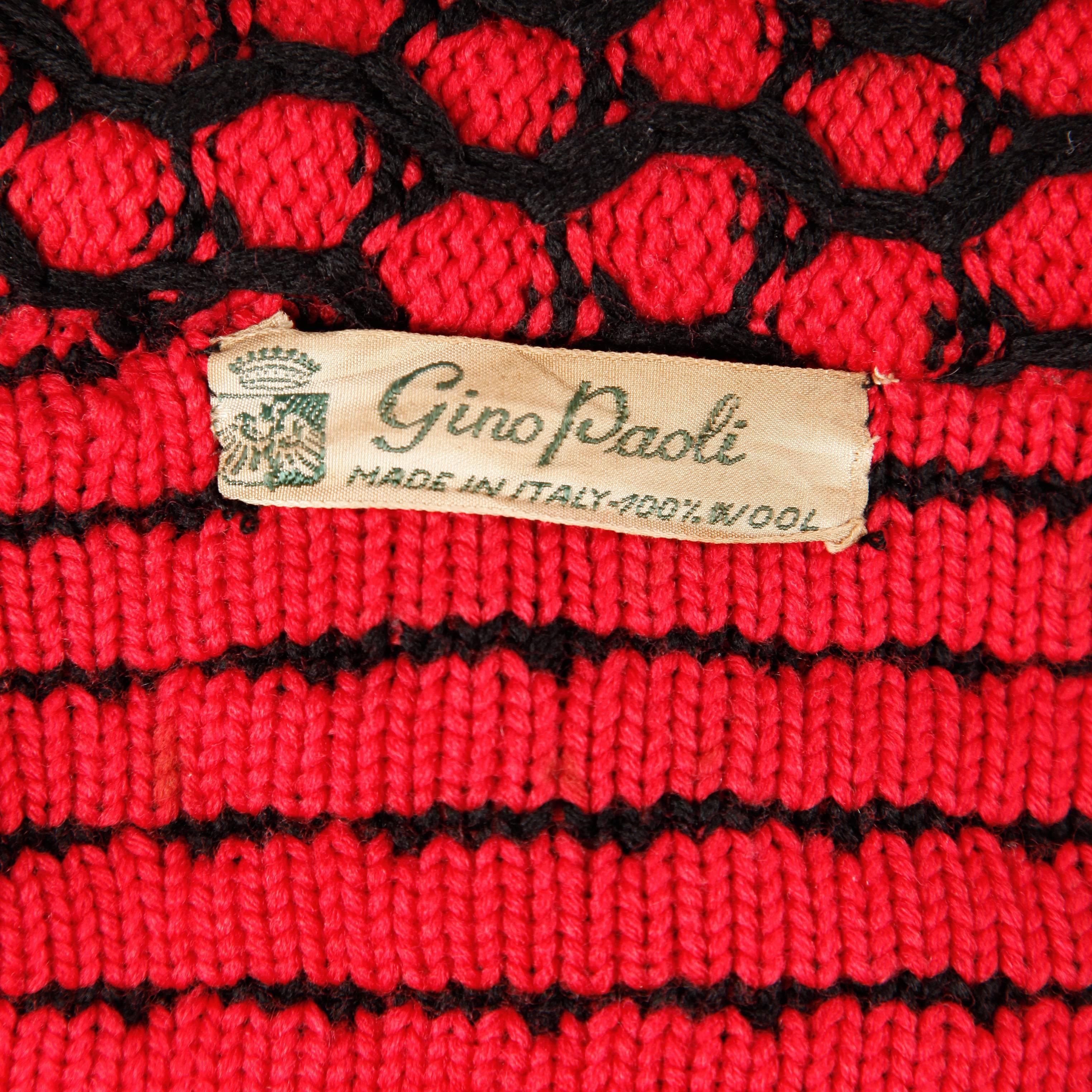 1960s Gino Paoli Vintage Red + Black Wool Knit Sweater Jacket with Cape In Excellent Condition In Sparks, NV