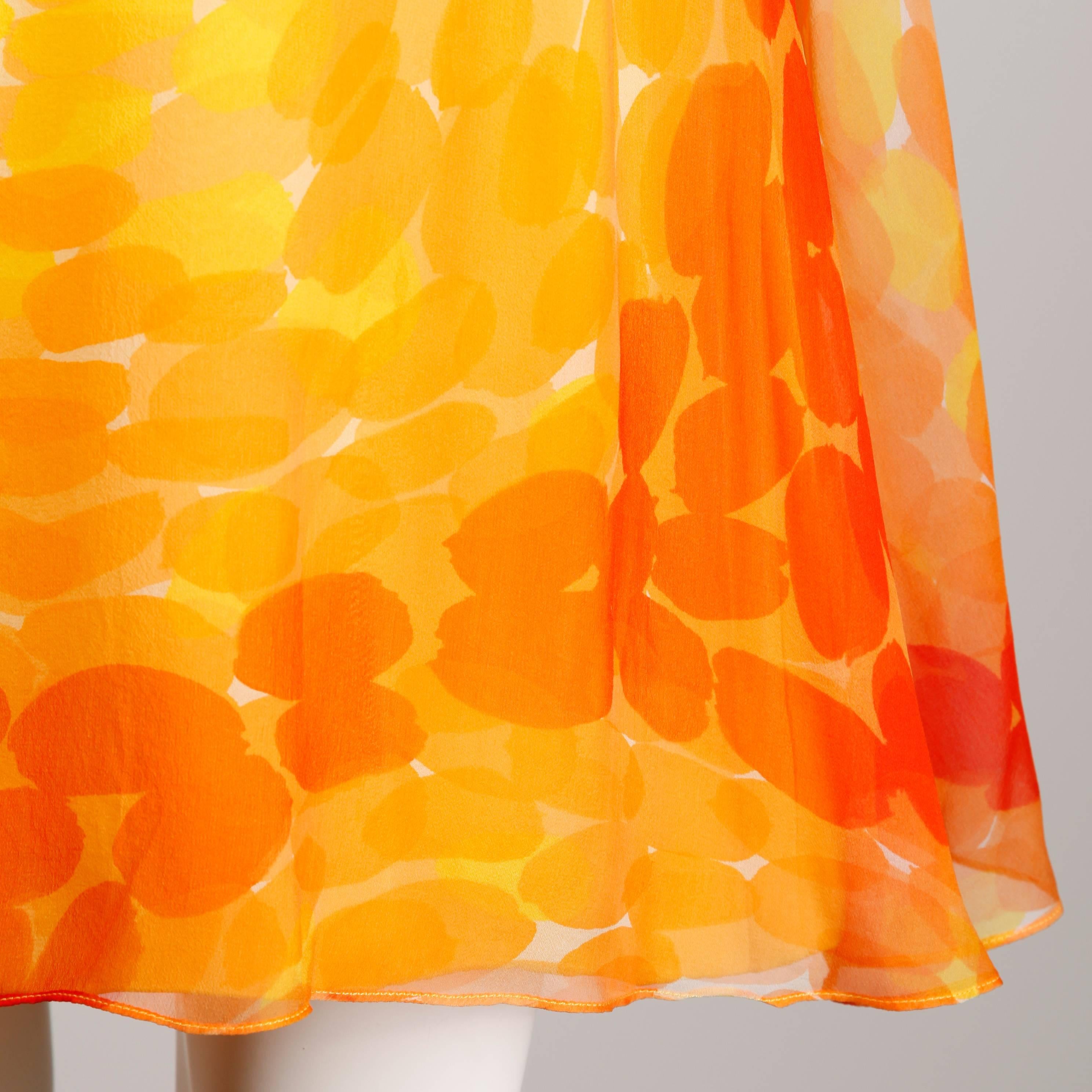 Pab 1960s Vintage Screen Print Silk Chiffon Mod Dress in Yellow and Orange In Excellent Condition For Sale In Sparks, NV