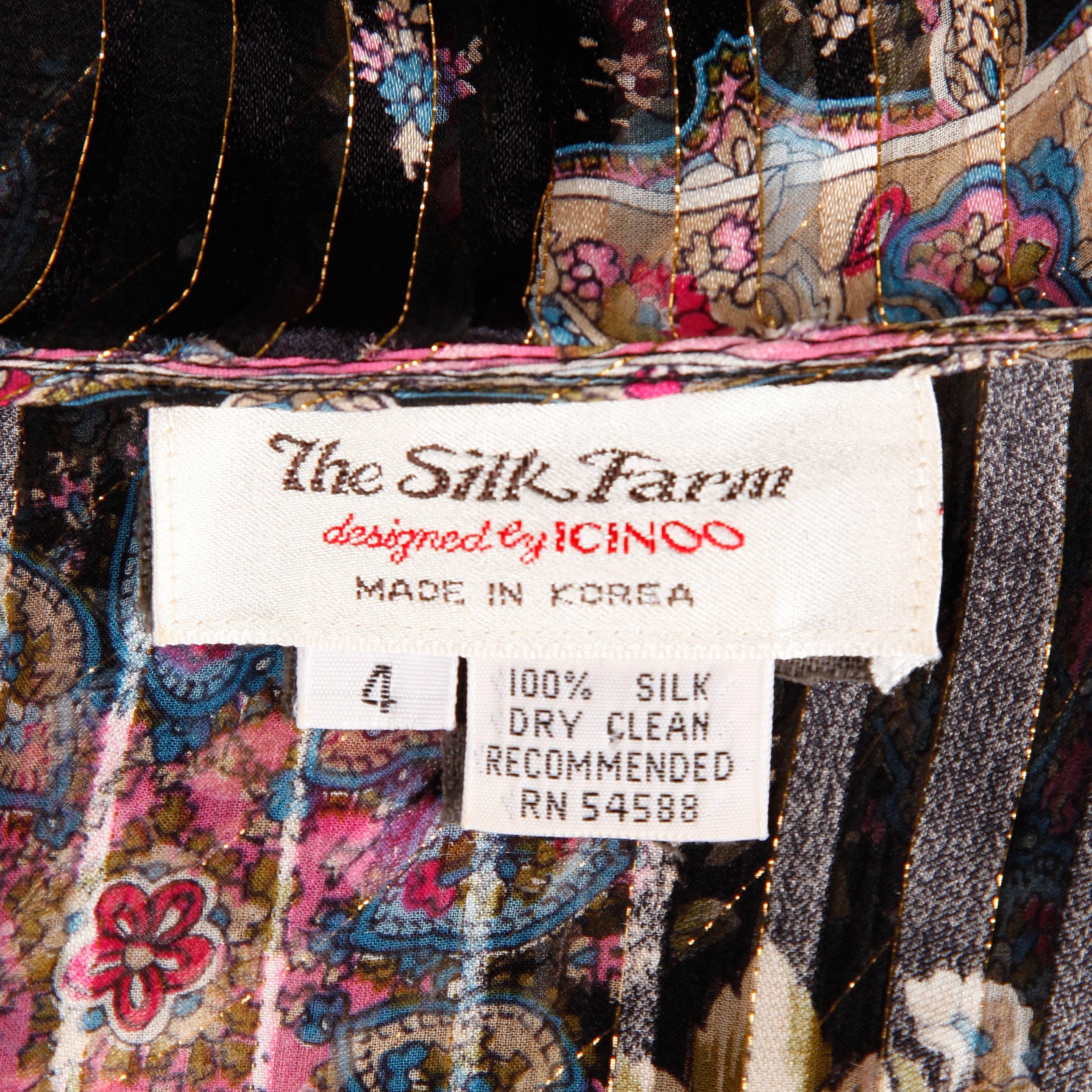 Robe cachemire fine vintage en papier à fleurs métalliques et évasées - The Silk Farm by Icinoo - années 1970 Pour femmes en vente