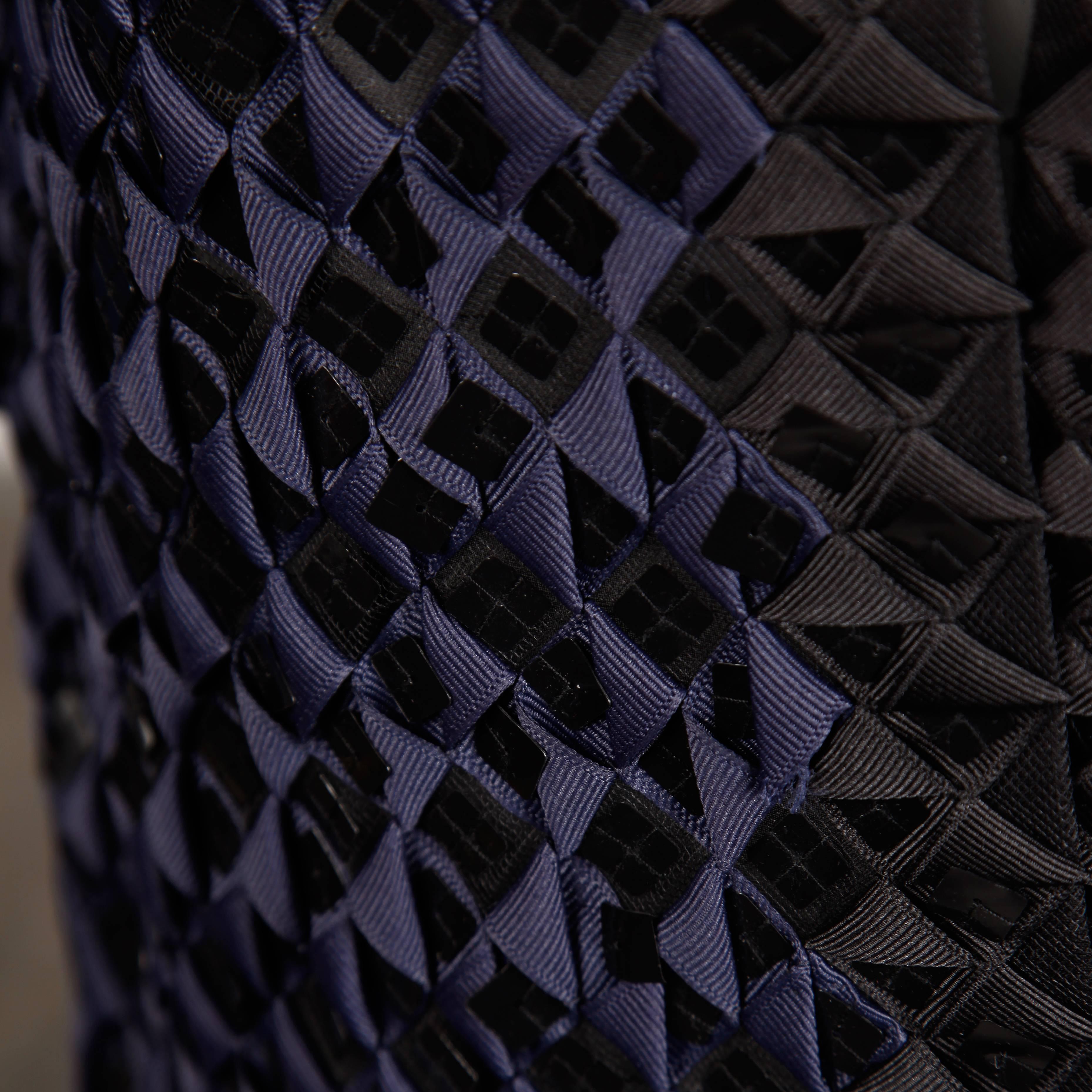 Women's Oscar de la Renta Navy Blue + Black Embellished Sequin Ribbon Coat
