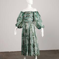 1970s Helga Vintage Metallic Green Silk Off-the-Shoulder Dress