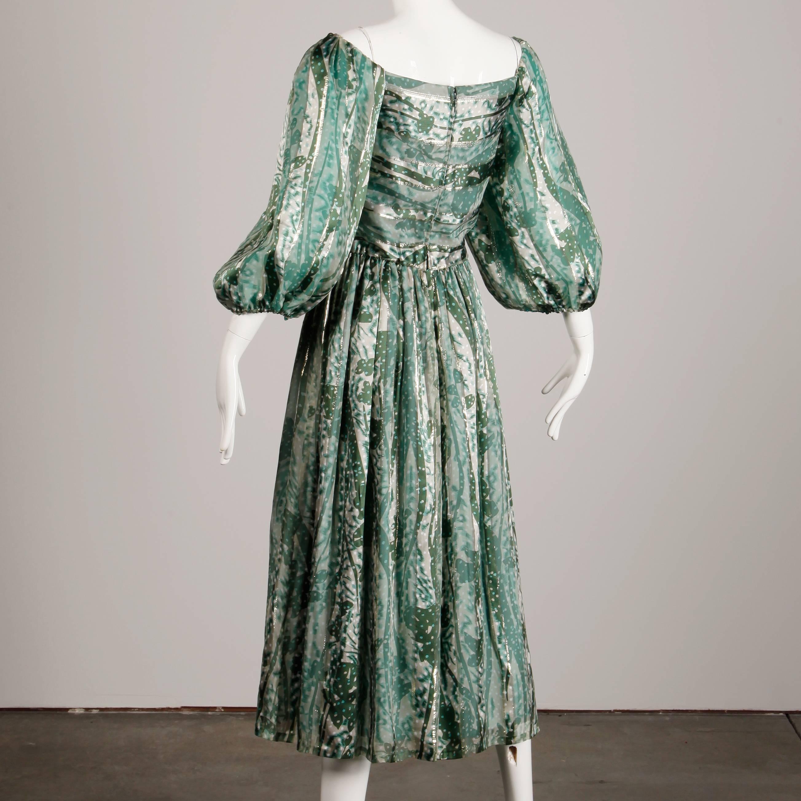 1970s Helga Vintage Metallic Green Silk Off-the-Shoulder Dress 1