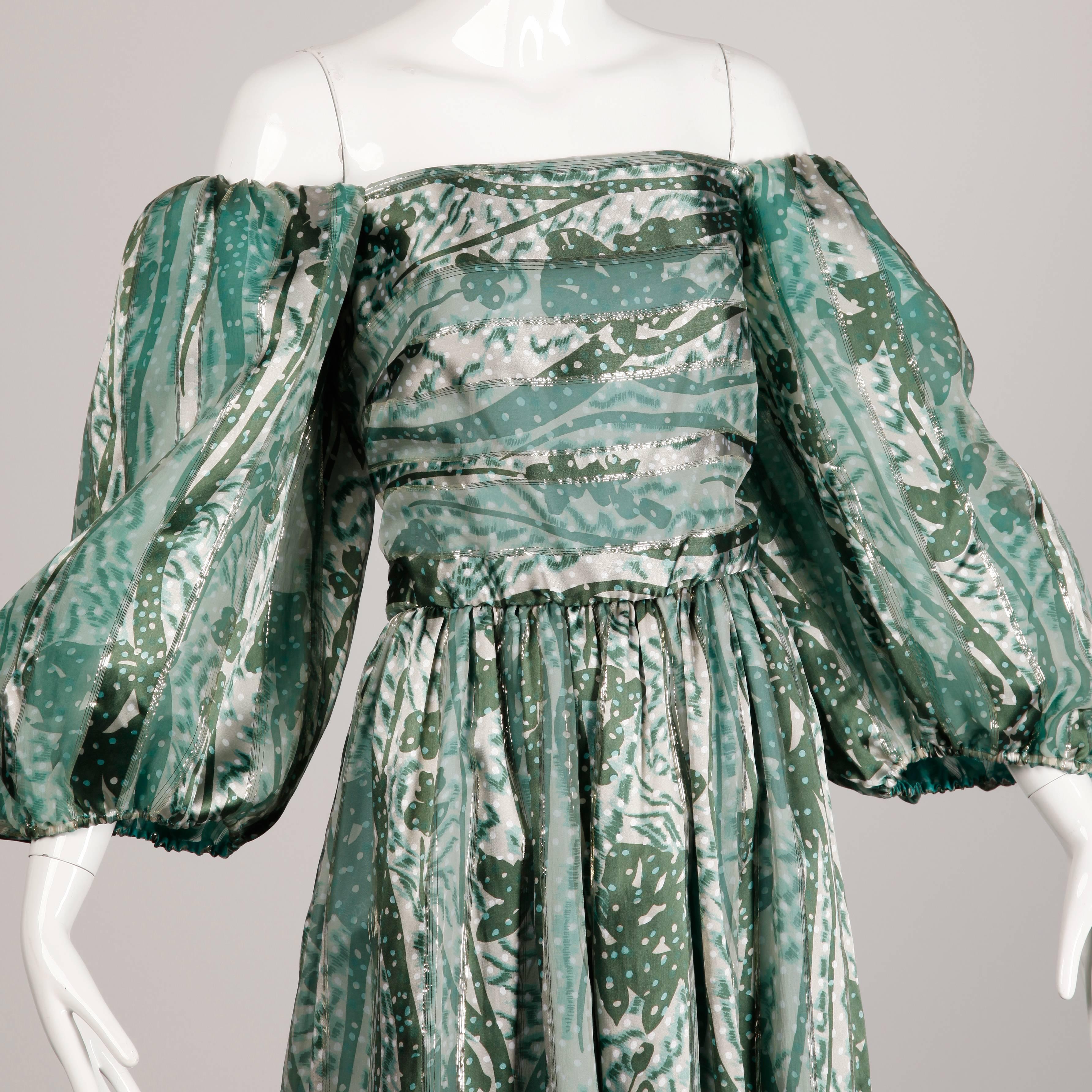 1970s Helga Vintage Metallic Green Silk Off-the-Shoulder Dress In Excellent Condition In Sparks, NV