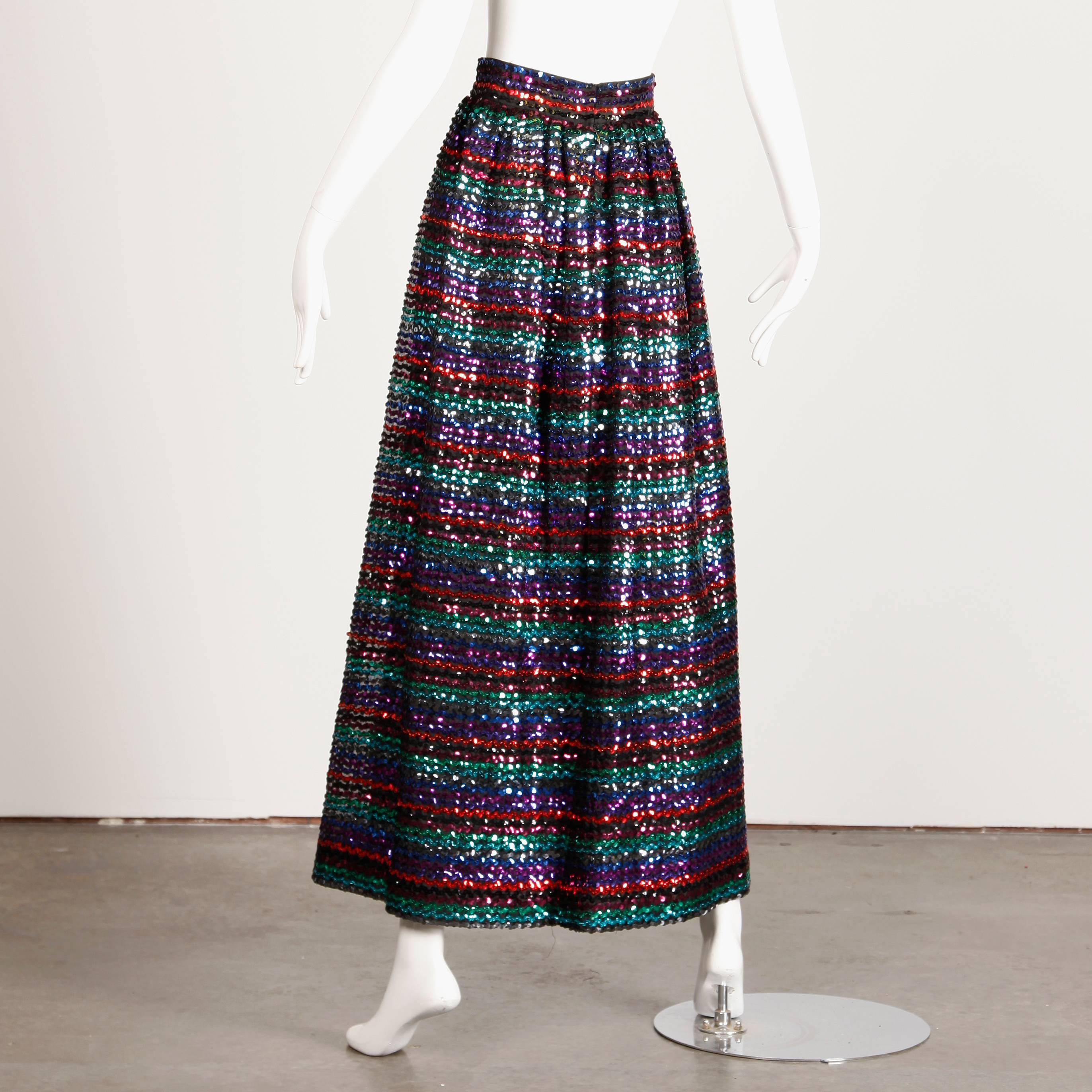 Black 1970s Vintage Striped Metallic Sequin Maxi Skirt