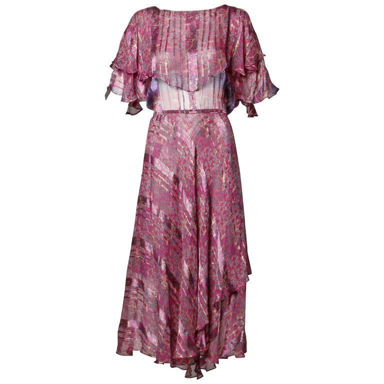 1970s Vintage Paper Thin Sheer Metallic Flecked Silk Dress For Sale